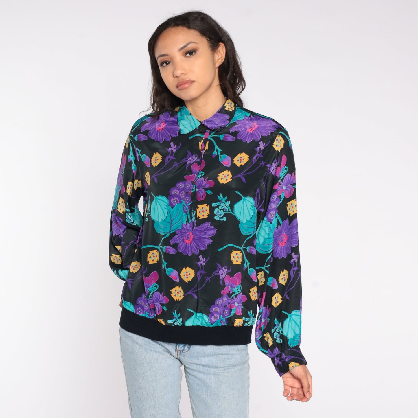 90s Floral Blouse Long Sleeve Collared Shirt Purple Print Banded Hem Large L