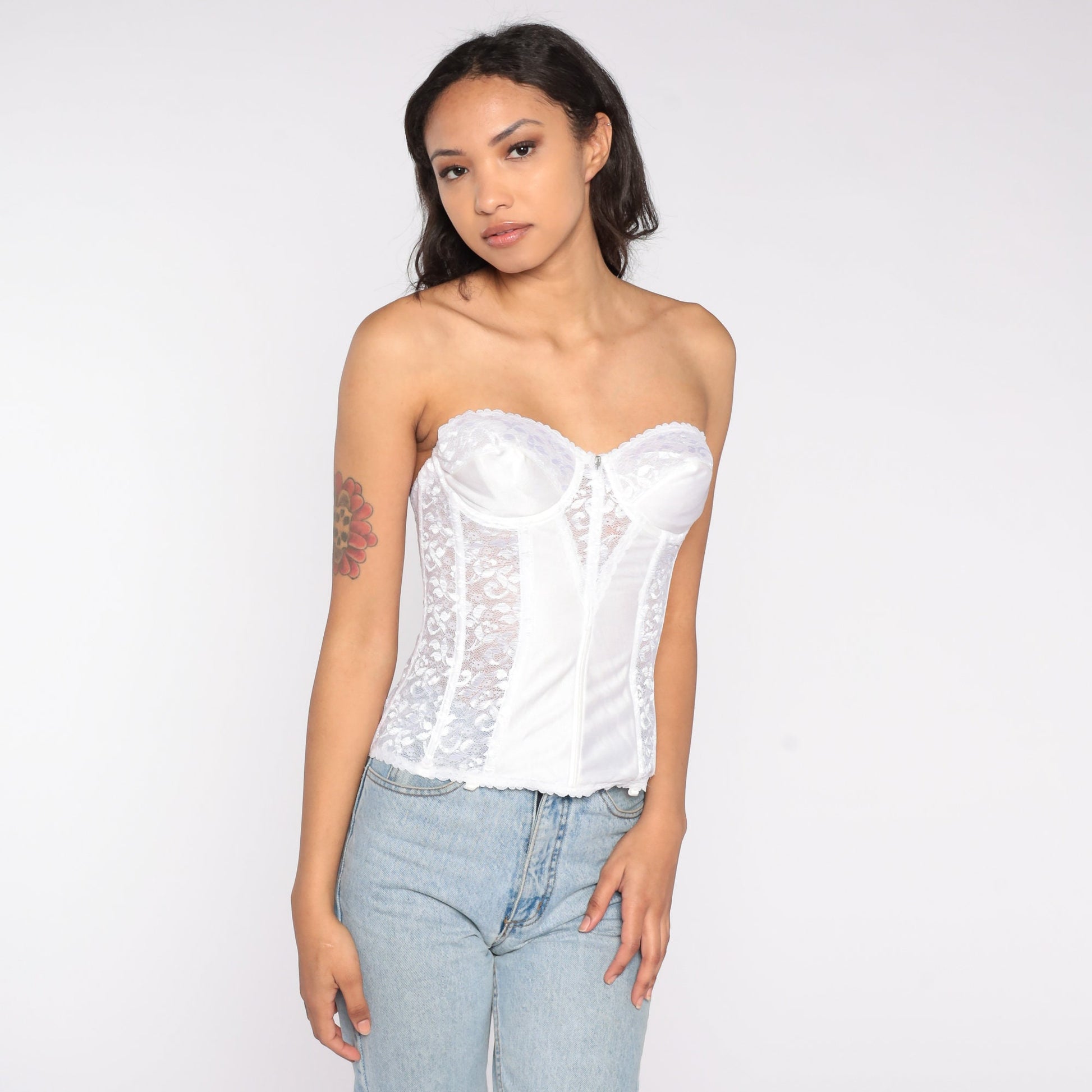 80s White Floral Lace Bustier Corset Boned Strapless Sweetheart 34B