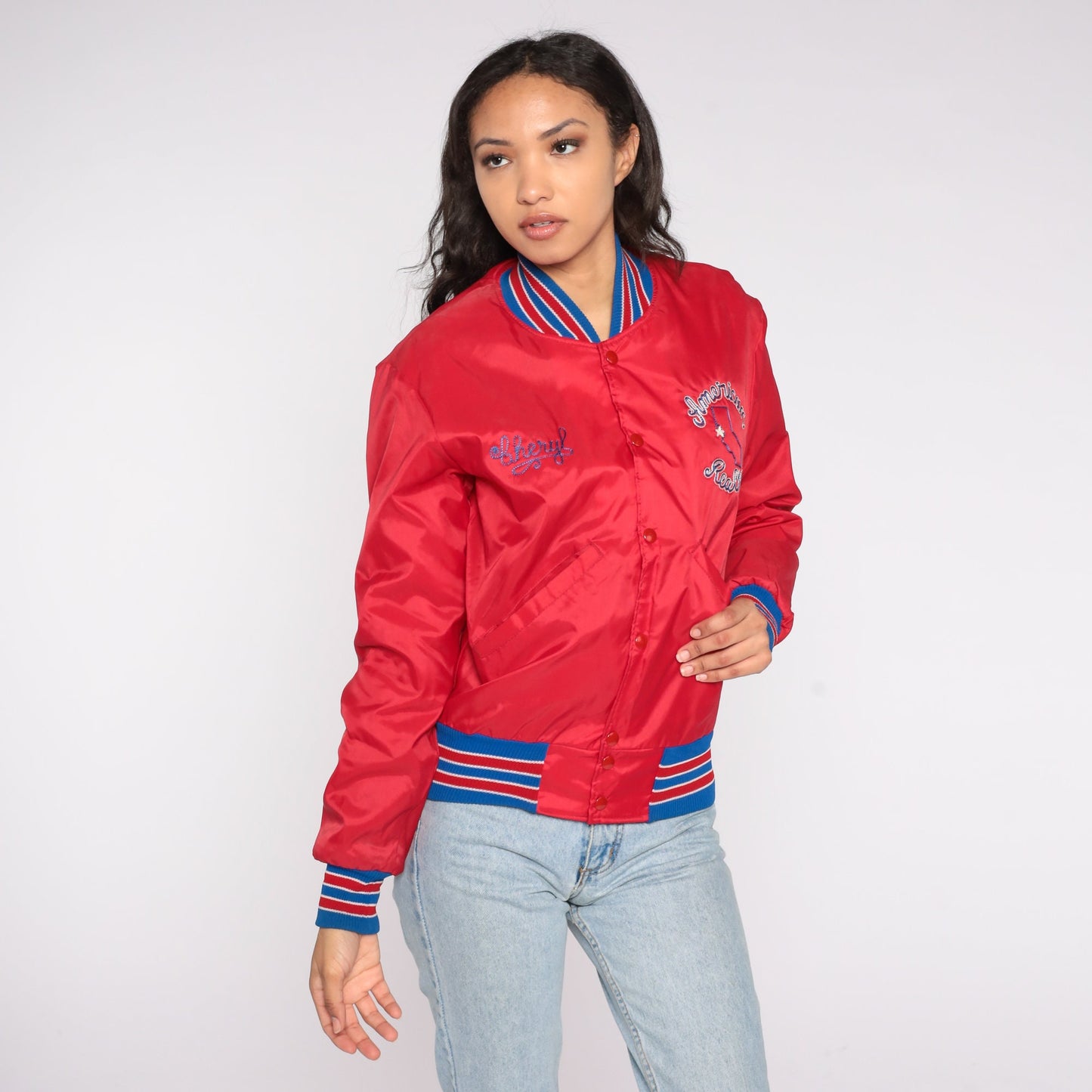 80s Red Bomber Jacket Cheryl American Realty Embroidered Snap Front Extra Small XS