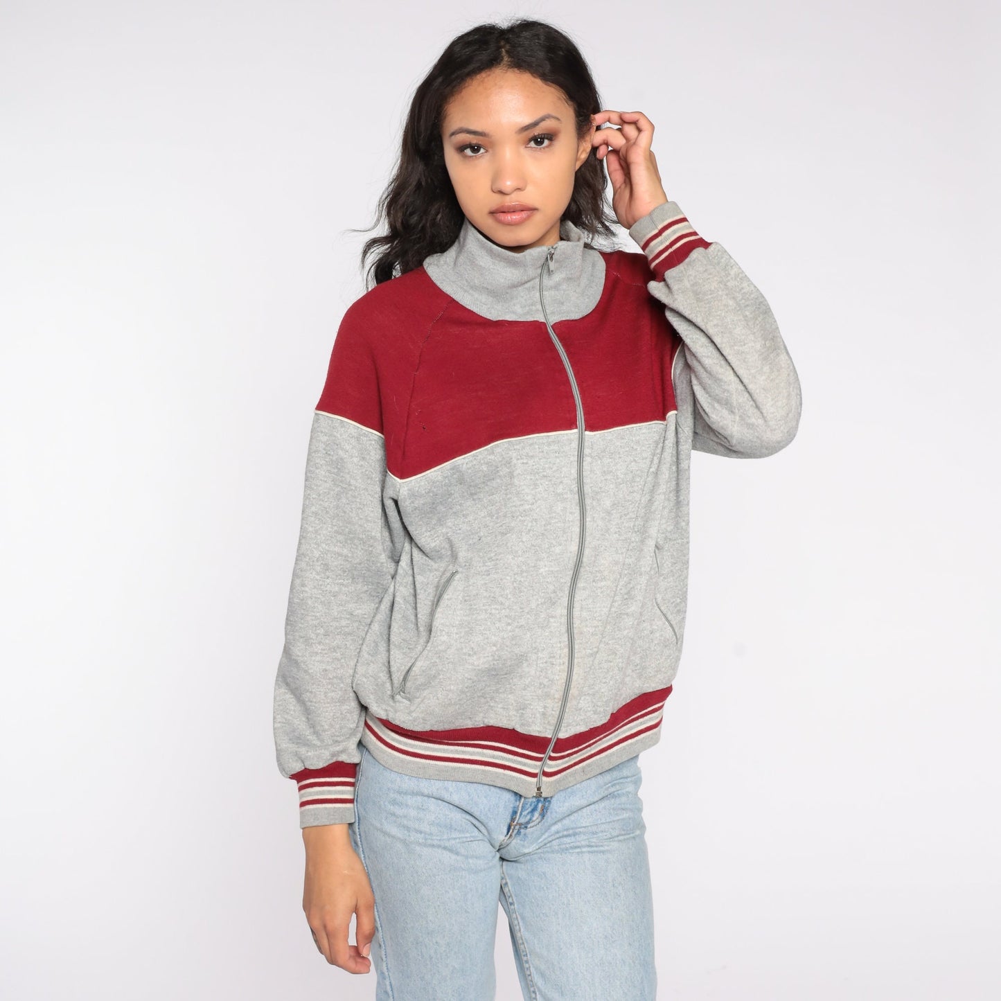 80s Track Jacket Red Grey Color Block Zip Up Medium