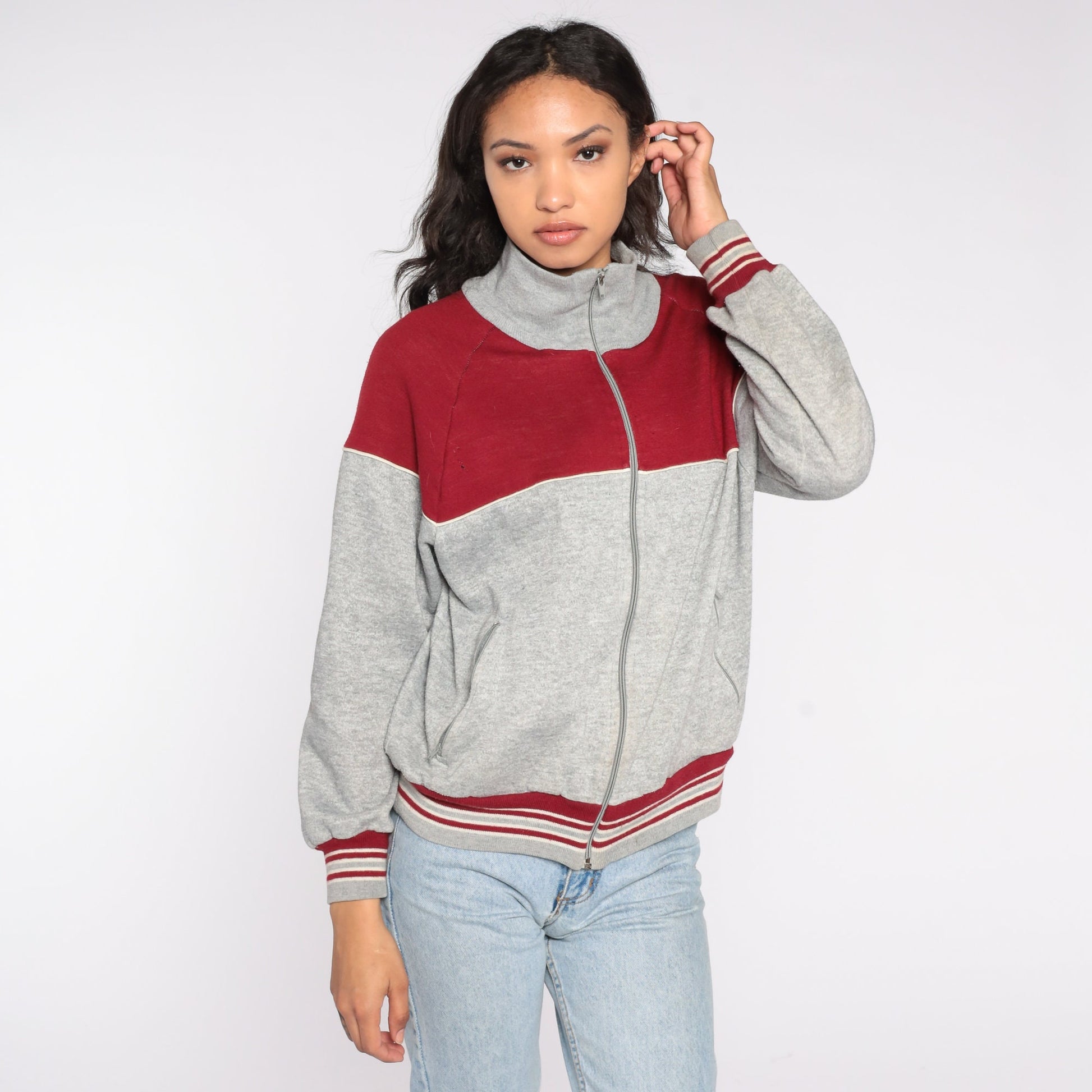 80s Track Jacket Red Grey Color Block Zip Up Medium