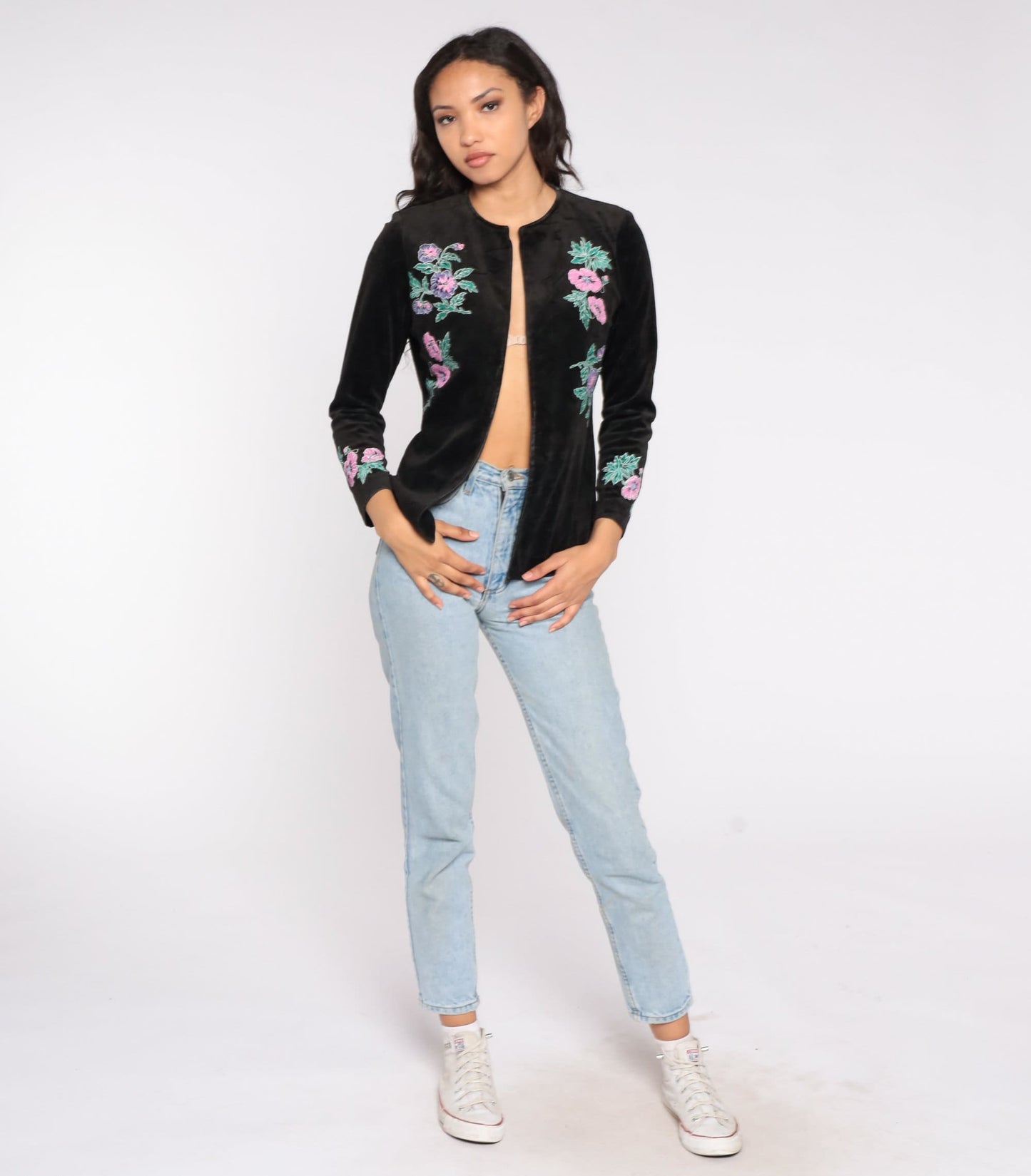 80s Black Velvet Floral Embroidered Open Front Blazer Small