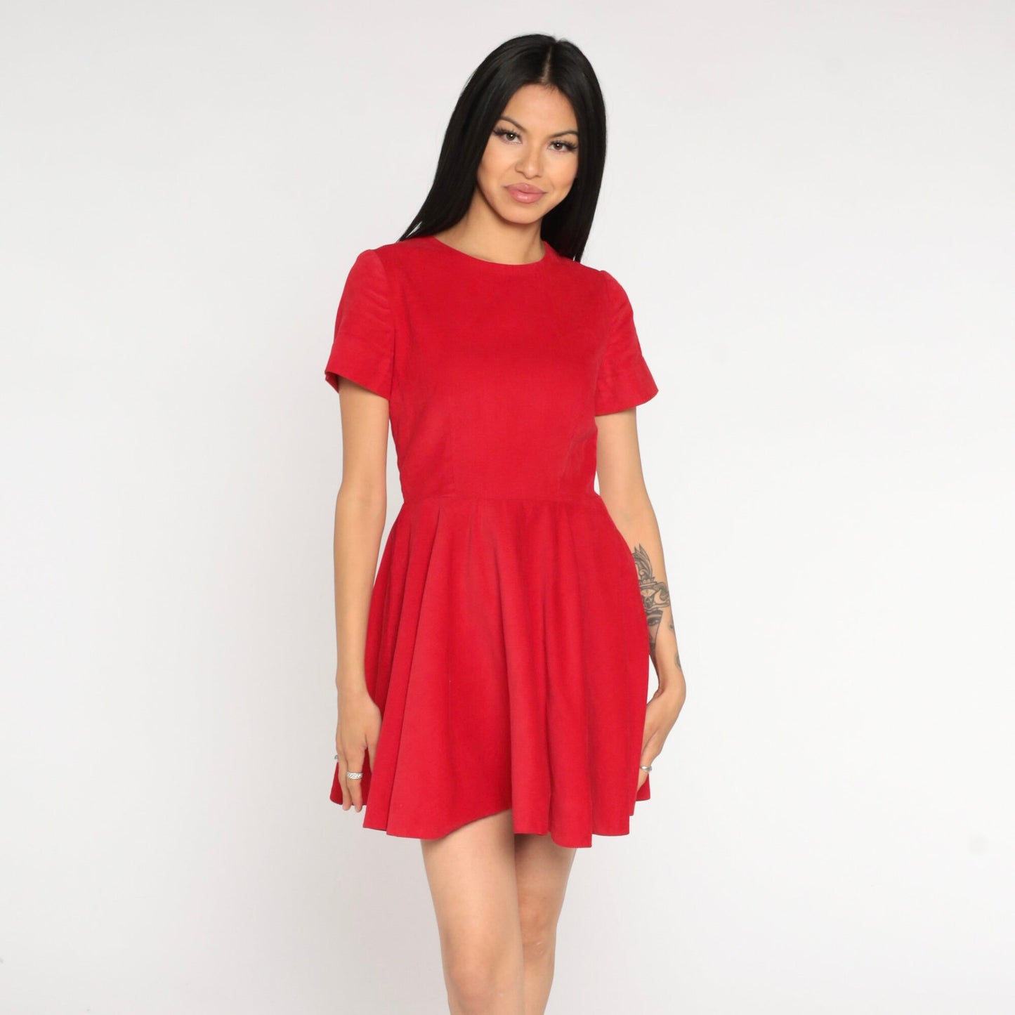 80s Red Corduroy Mini Dress High Waist Short Sleeve Fit Flare Small S