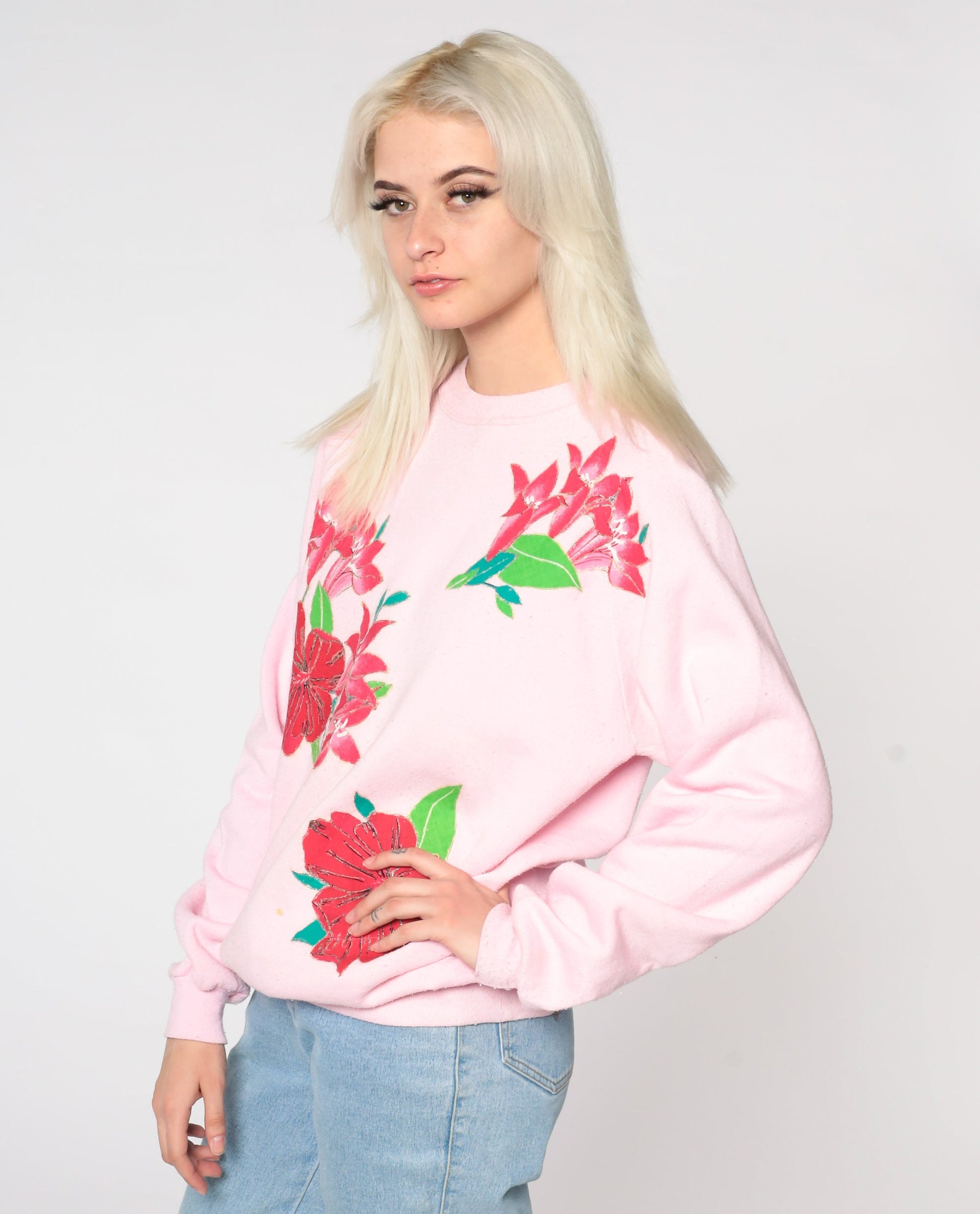 90s Jerzees Floral Sweatshirt Baby Pink Glitter Graphic Raglan Large
