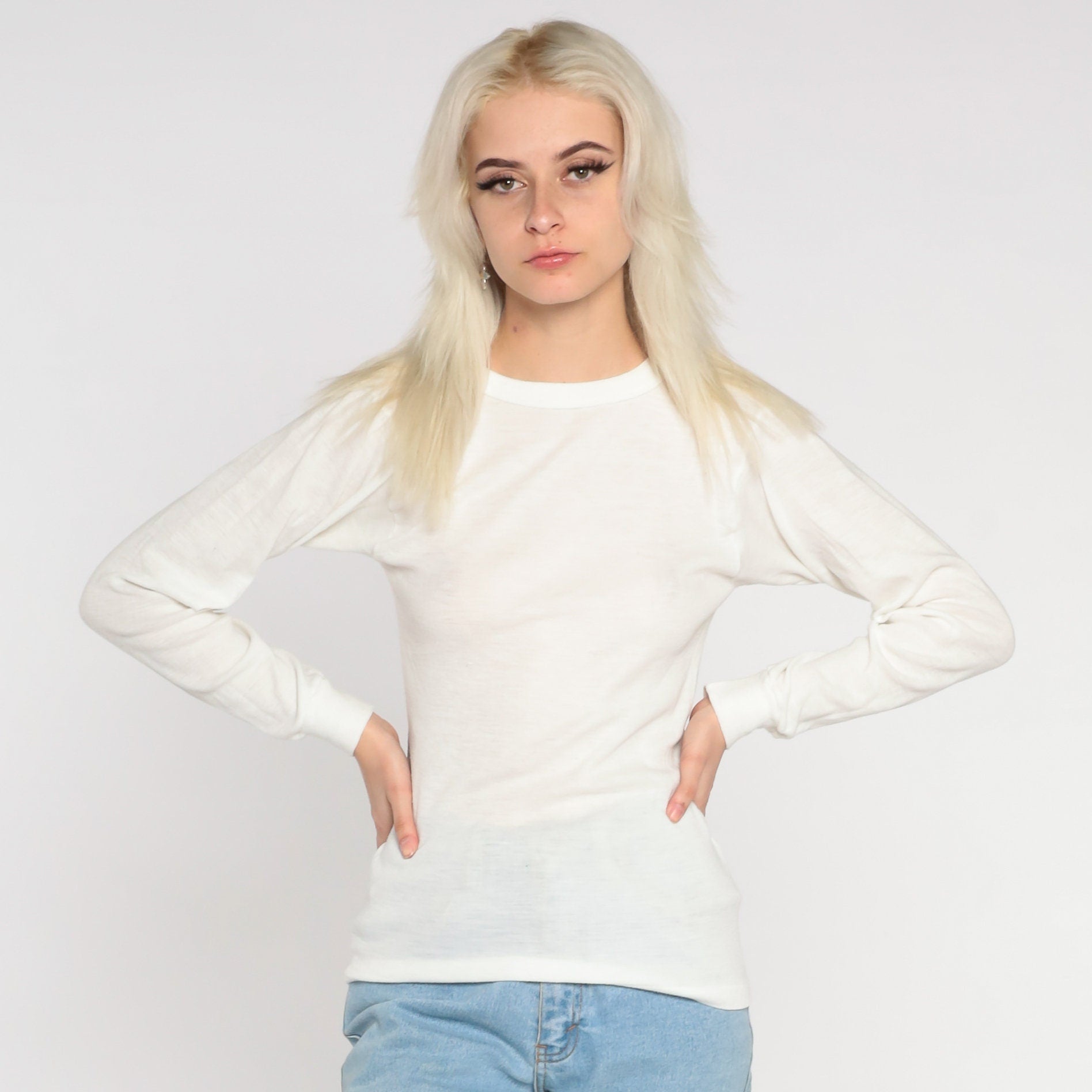 80s White Thermal Long Sleeve Crewneck Shirt Semi Sheer Medium