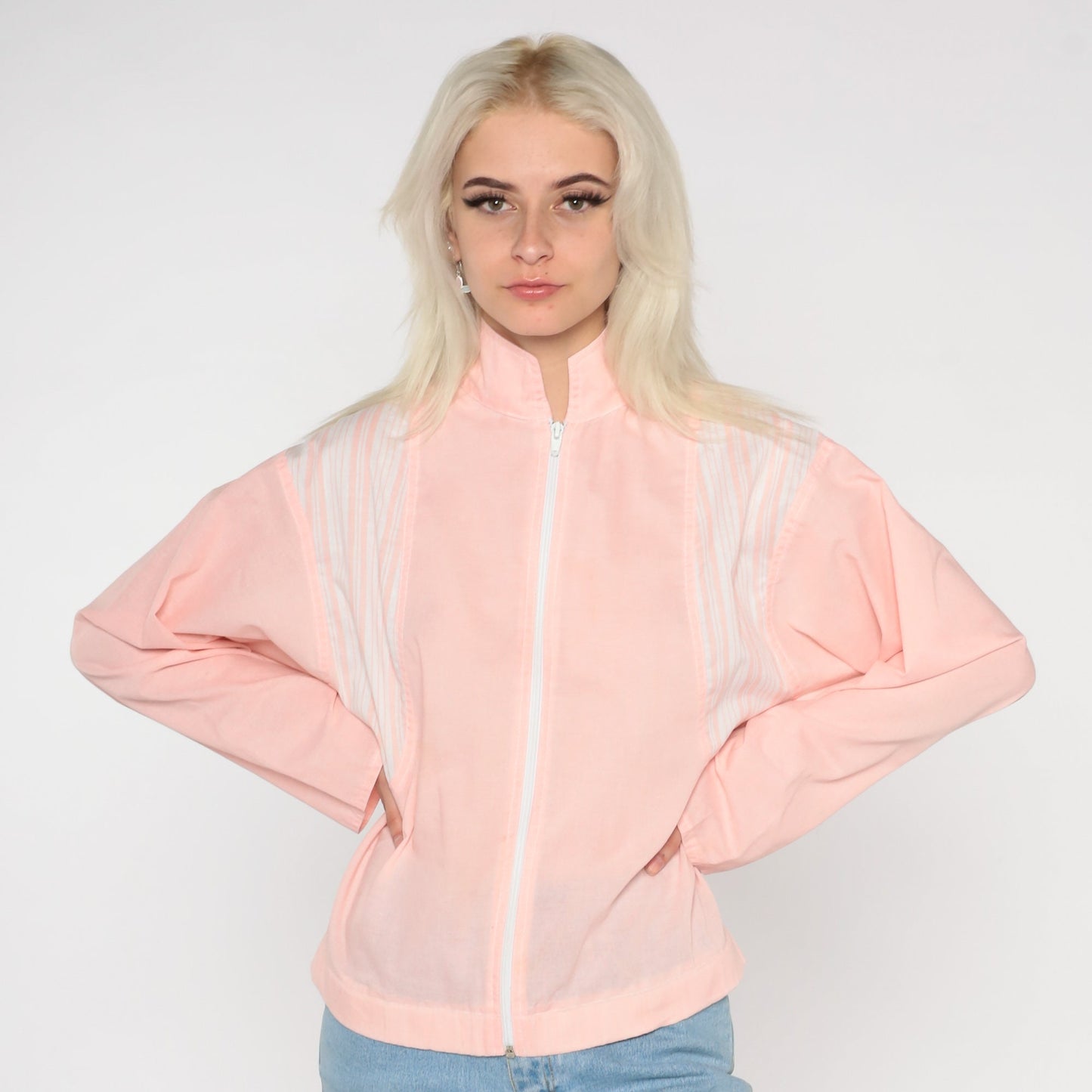 80s Baby Pink Windbreaker Jacket Striped Shoulder Zip-Up Small