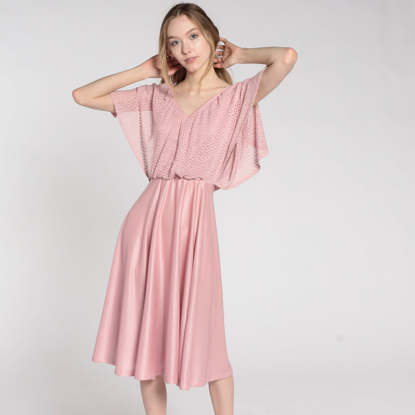 70s Pink Crochet Midi Dress Flutter Sleeve High Waist V Neck Small