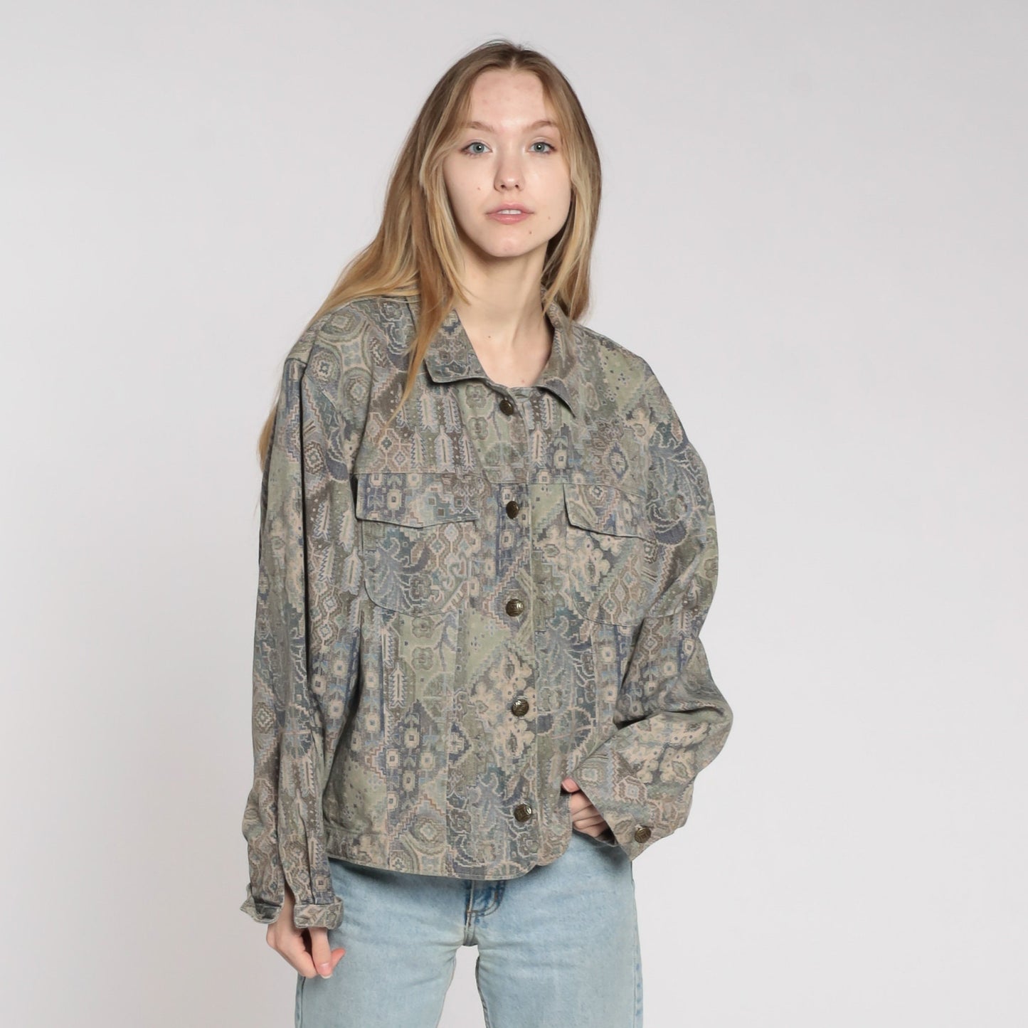 90s Geometric Cargo Jacket Cotton Button Up Taupe Blue Extra Large XL
