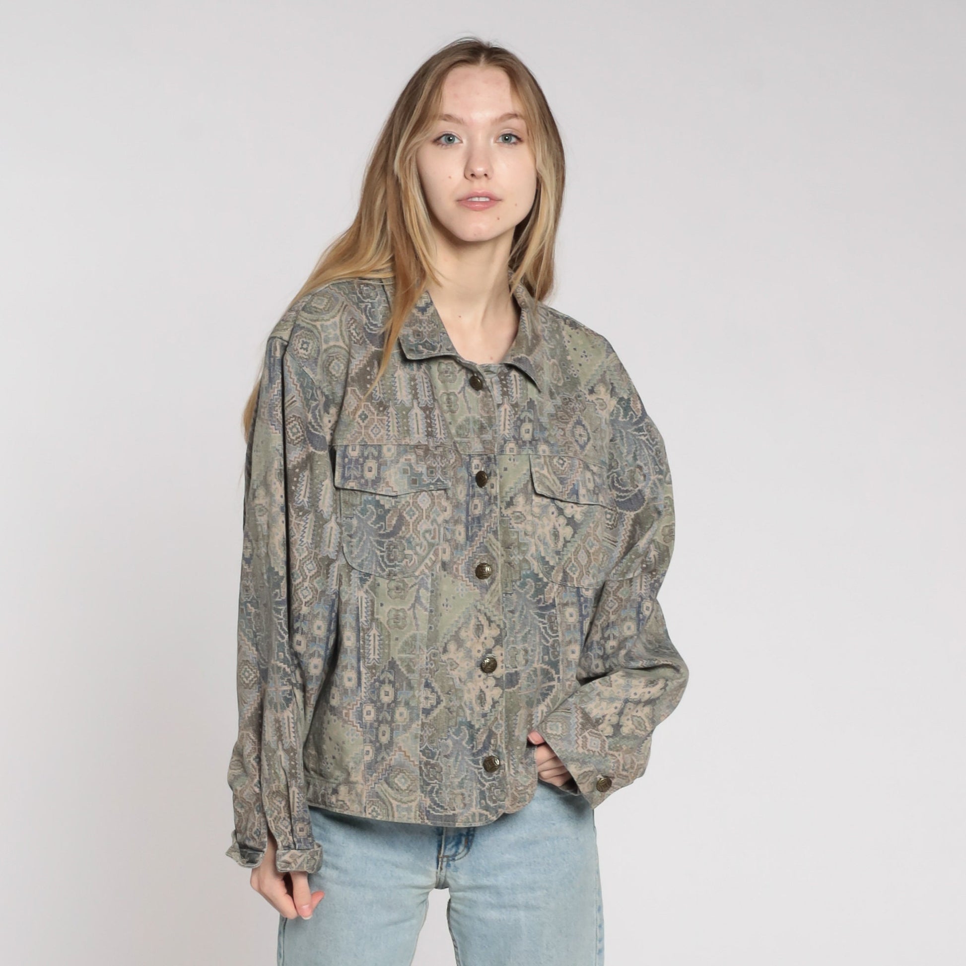 90s Geometric Cargo Jacket Cotton Button Up Taupe Blue Extra Large XL