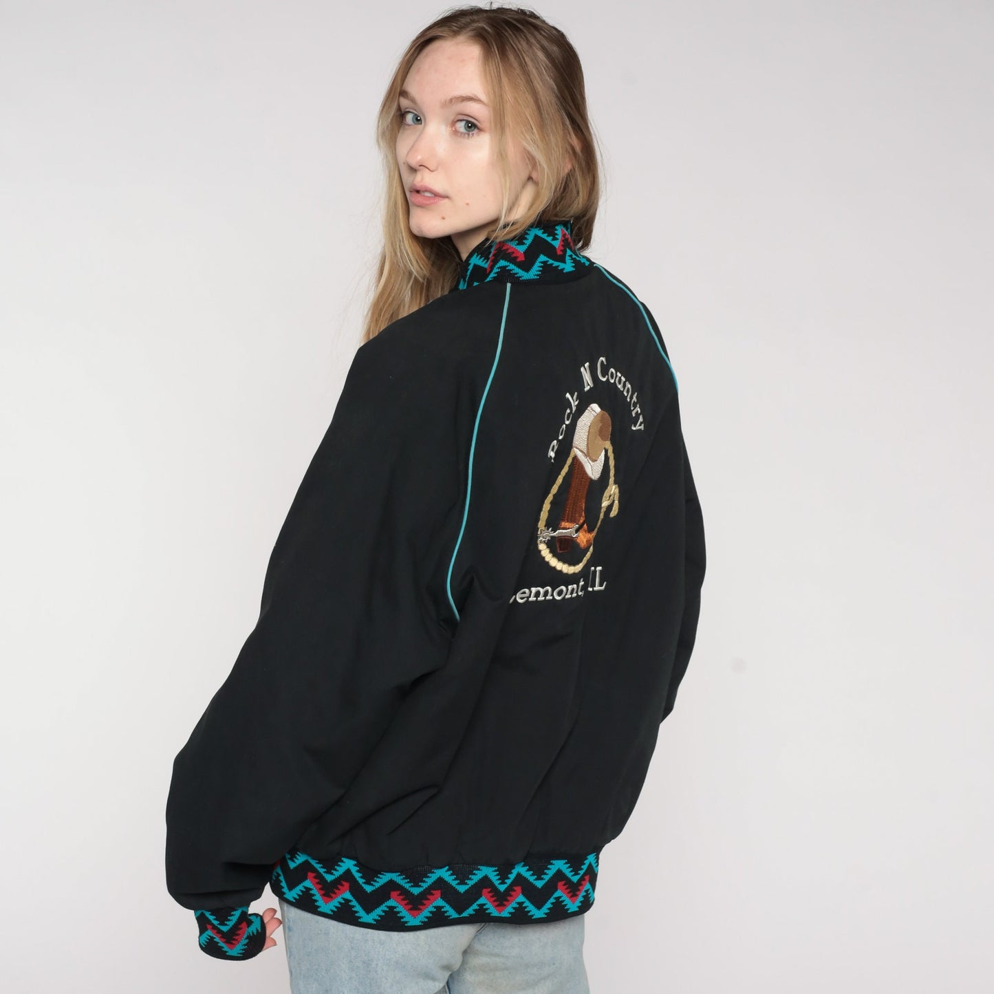 80s Rock N Country Snap Jacket Black Aztec Graphic Unisex Large