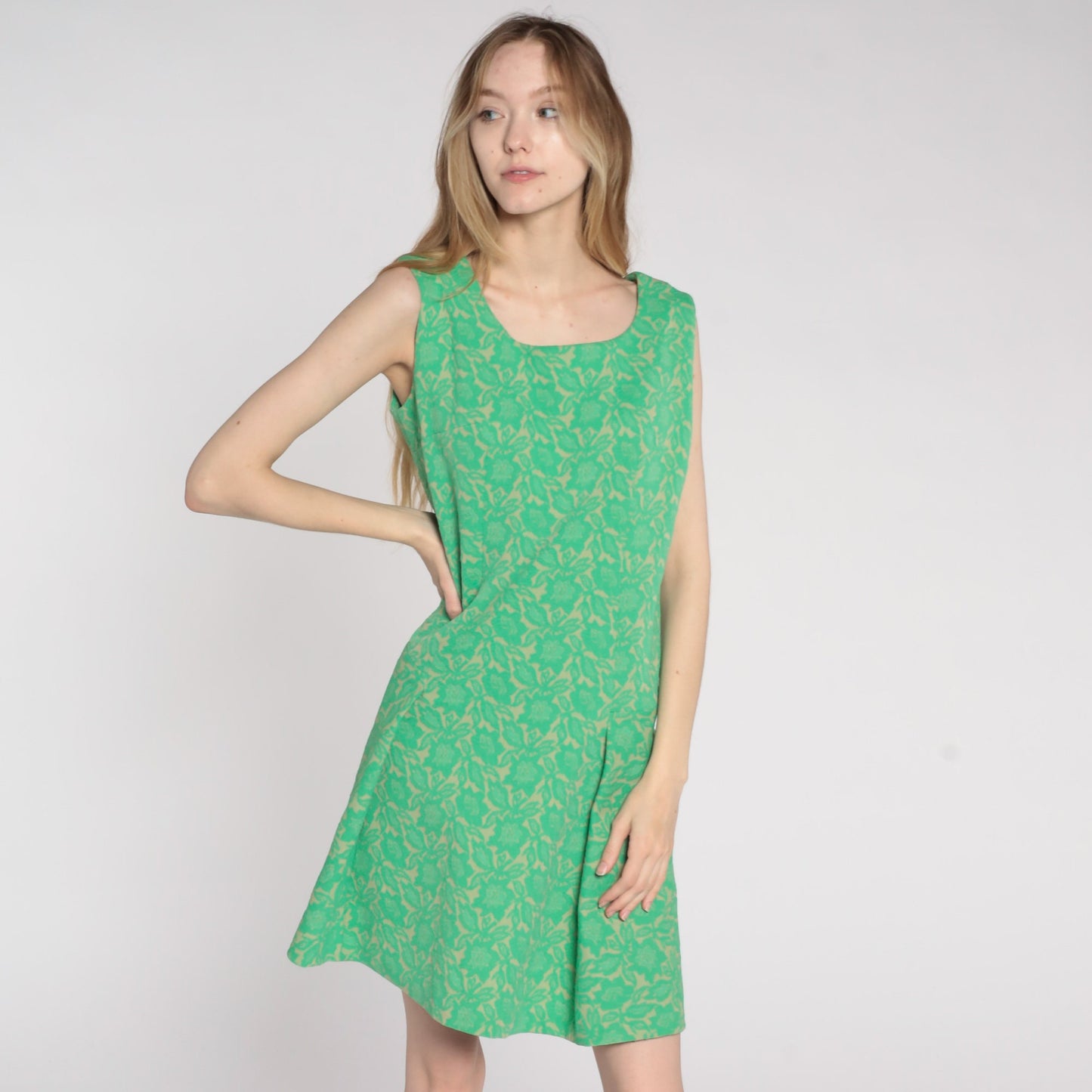 60s Floral Mini Dress Green Drop Waist Pleated Sleeveless Mod Medium Large