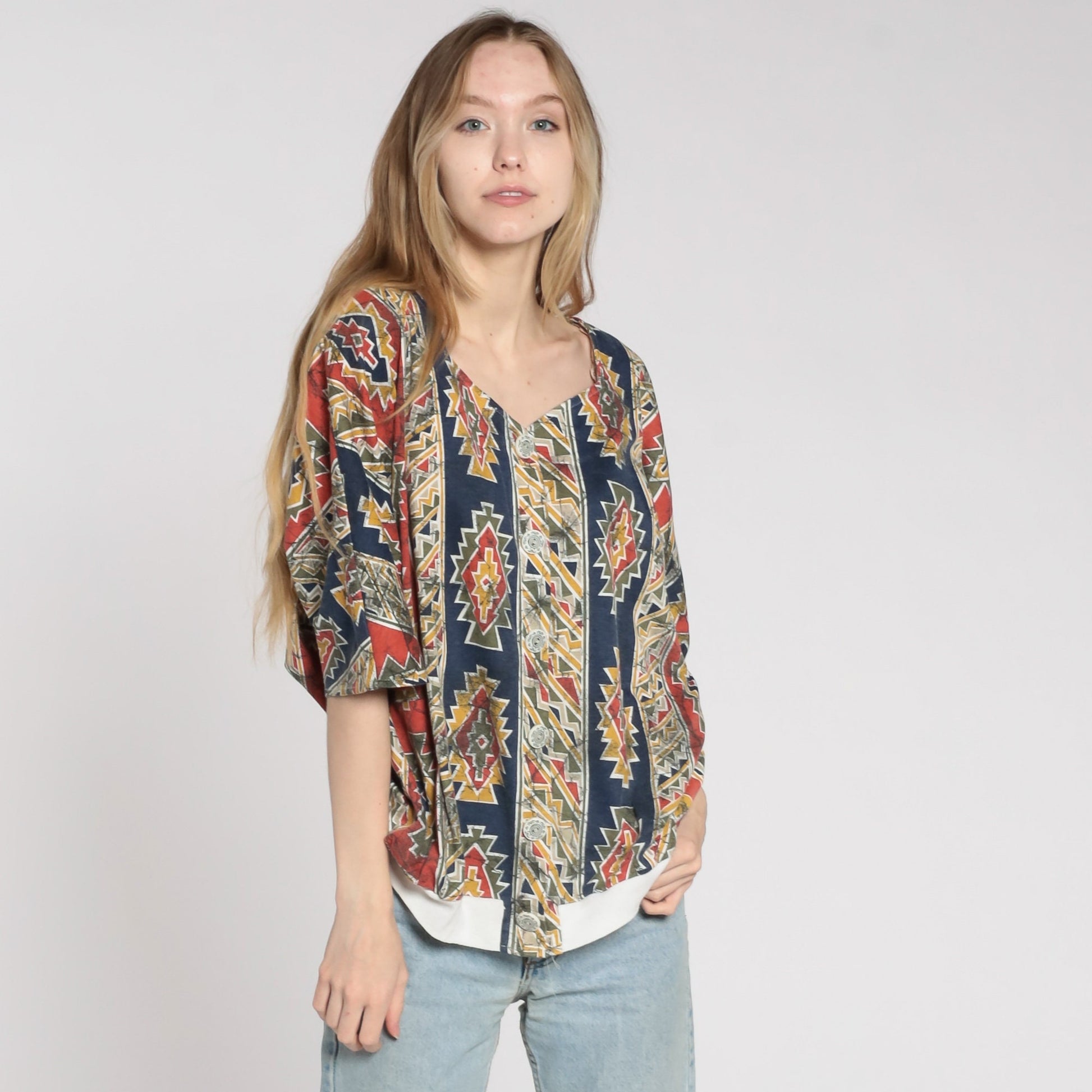 90s Southwestern Aztec Print Button Up Blouse Blue Red Striped Plus Size XXL