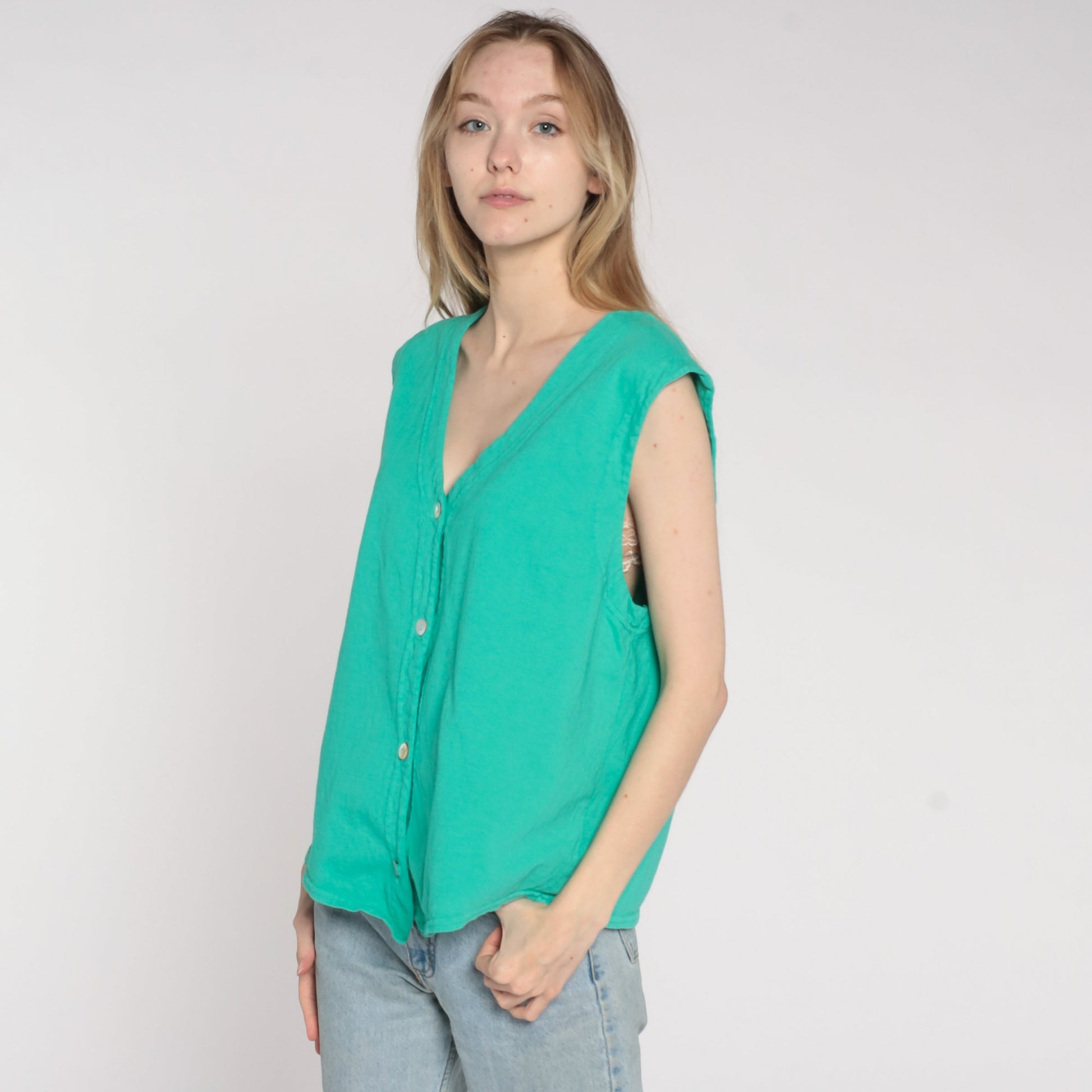 90s Green Button-Up Tank Top Sleeveless Blouse V-Neck Large L