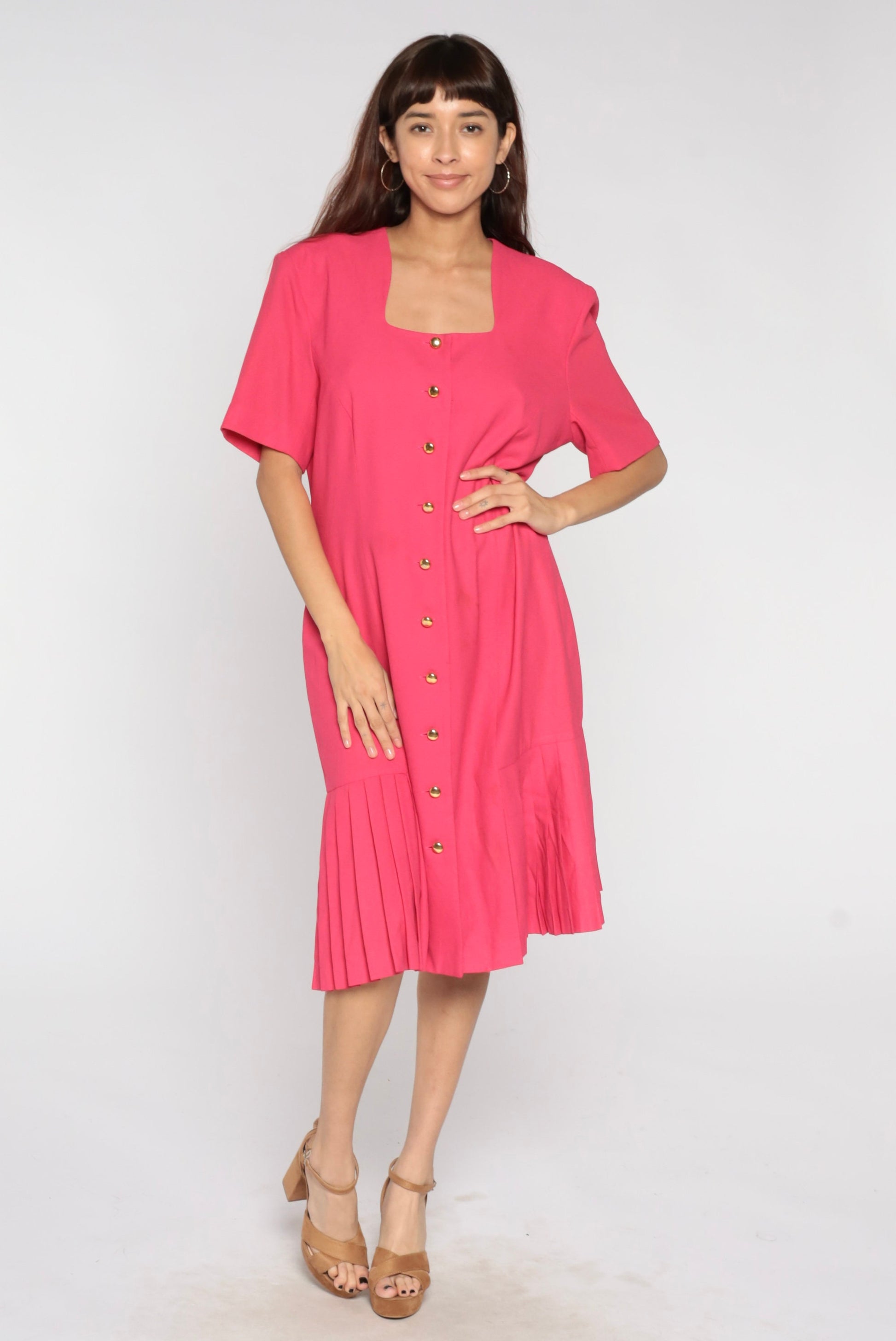 80s Liz Claiborne Pink Button-Up Midi Dress Drop Waist Shift Extra Large XL