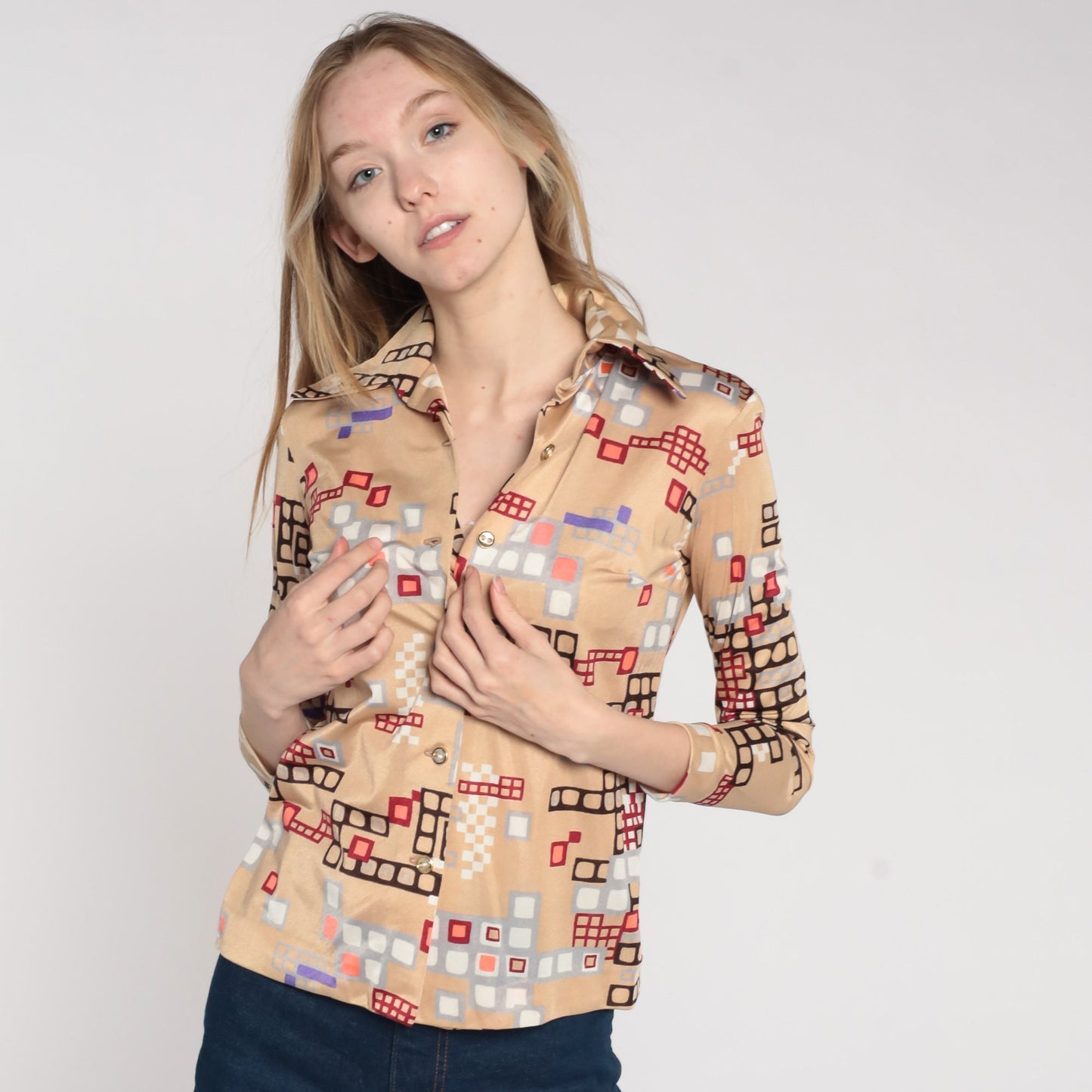 70s Psychedelic Geometric Print Button-Up Blouse Beige Long Sleeve Extra Small