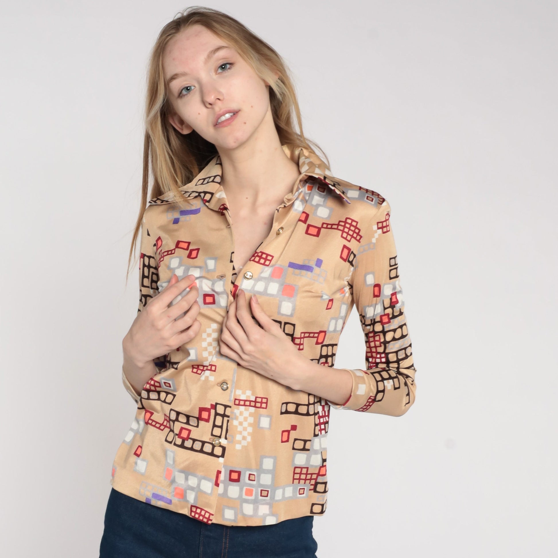70s Psychedelic Geometric Print Button-Up Blouse Beige Long Sleeve Extra Small