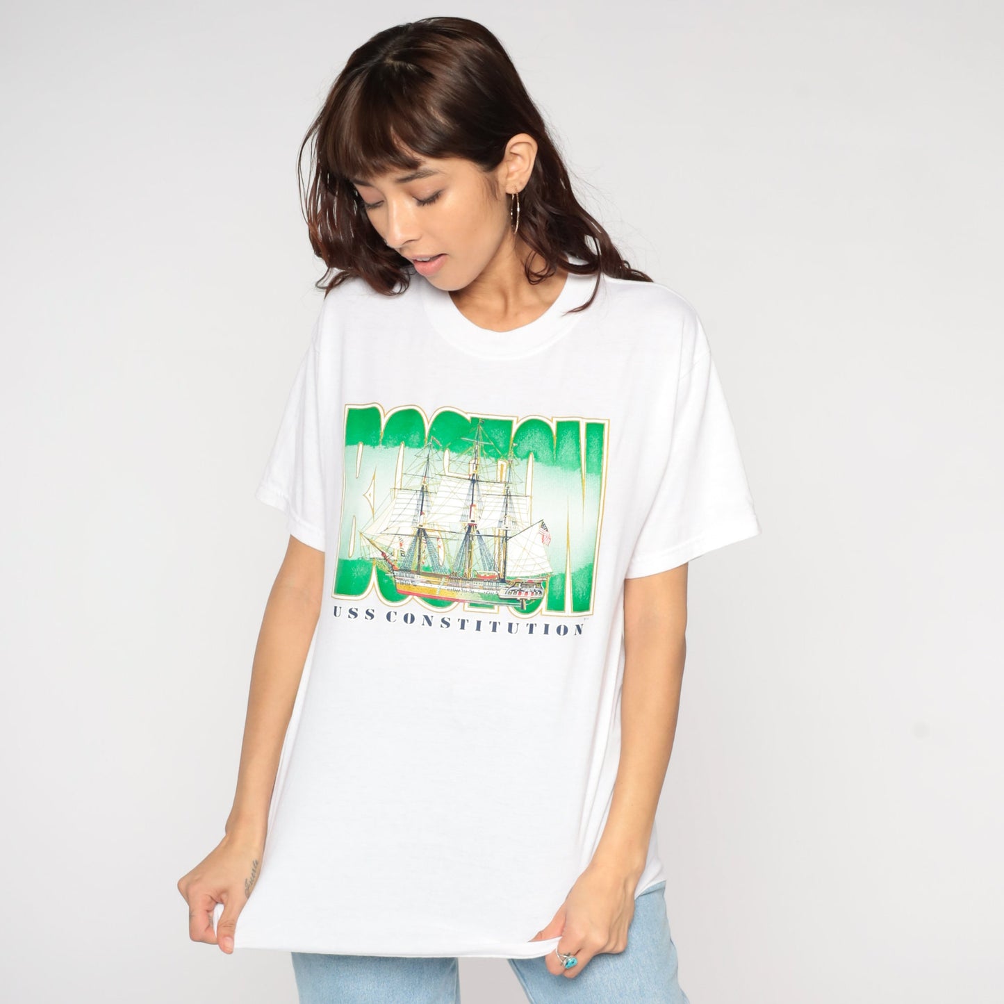 Y2K USS Constitution Boston Graphic T-Shirt Navy Medium