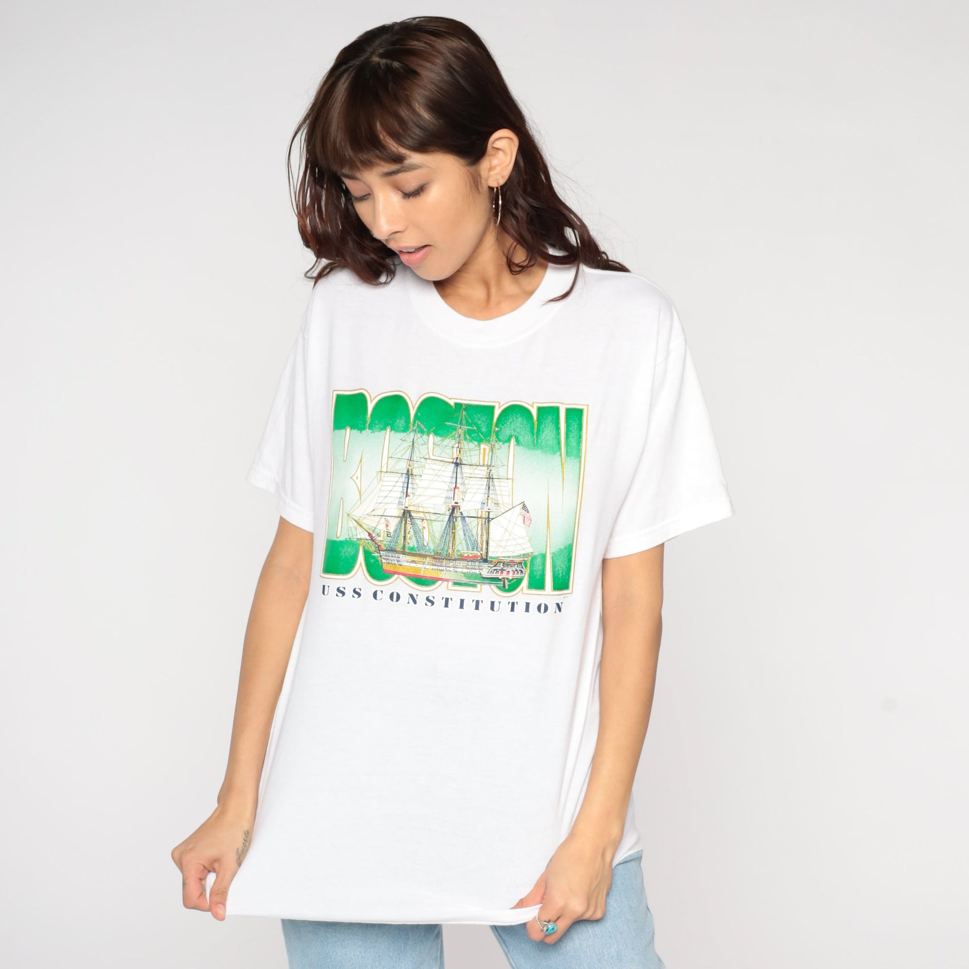 Y2K USS Constitution Boston Graphic T-Shirt Navy Medium