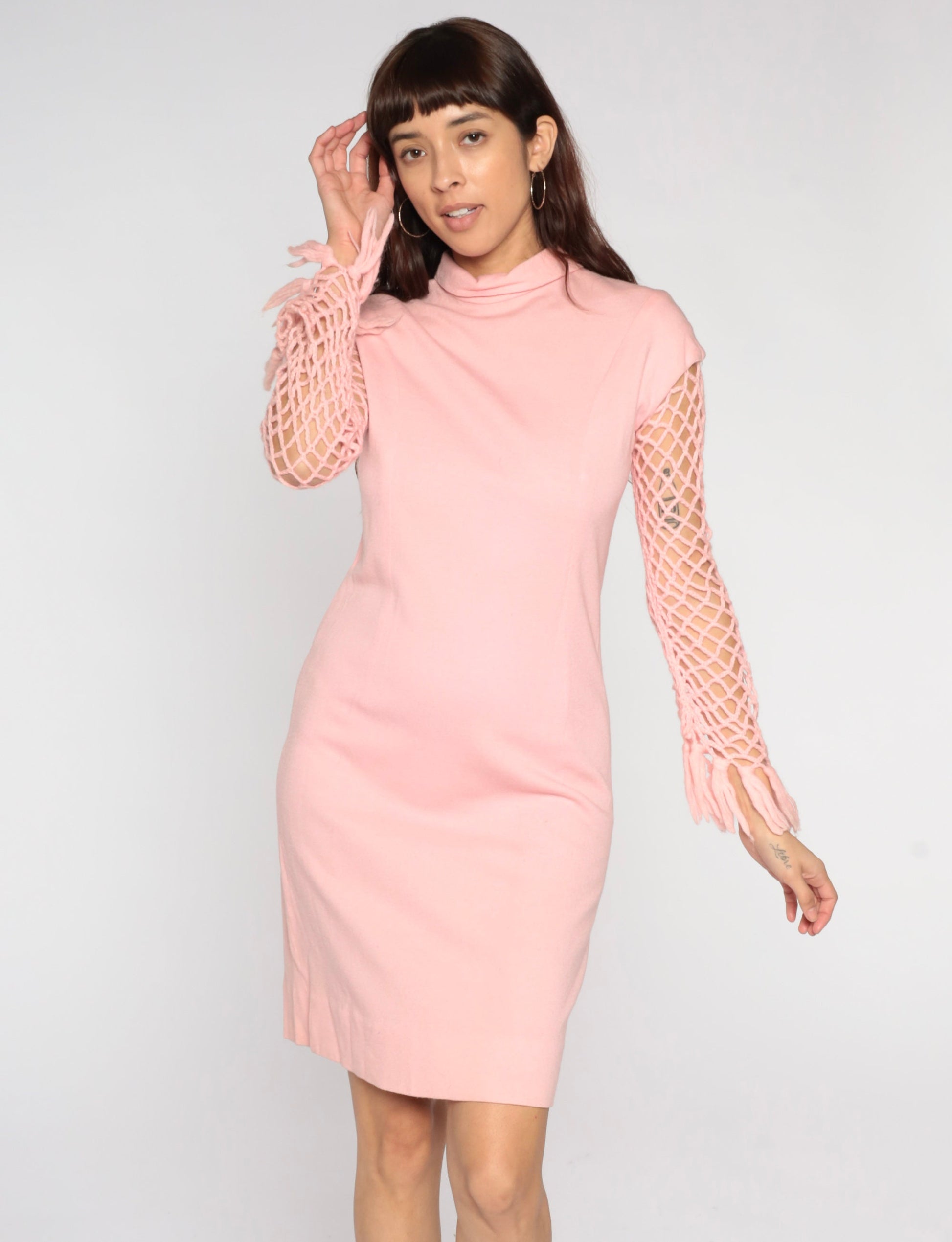 60s Mod Mini Dress Baby Pink Crochet Sleeve Mock Neck Small