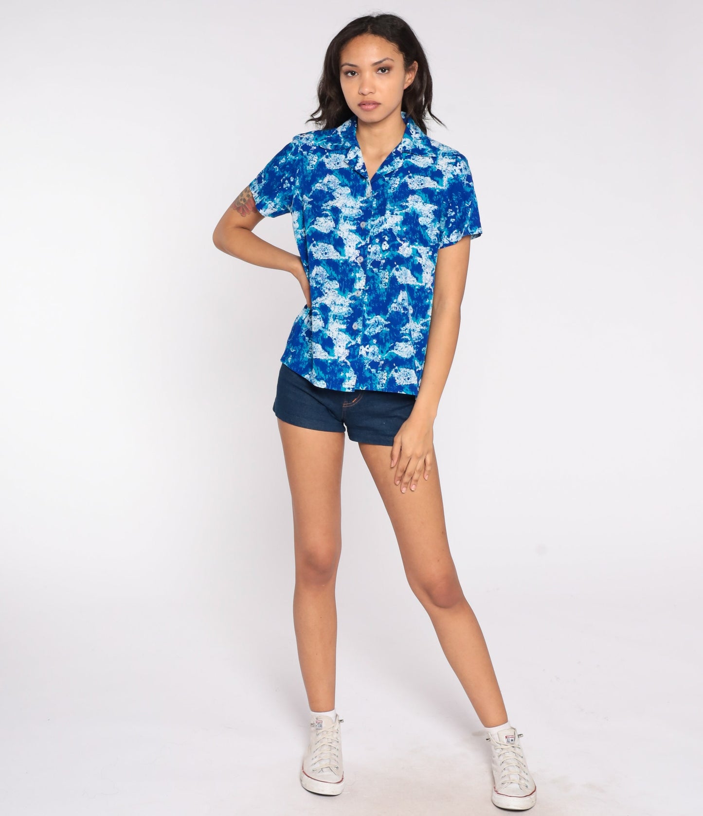70s Psychedelic Abstract Button Up Blouse Blue Short Sleeve Medium Large