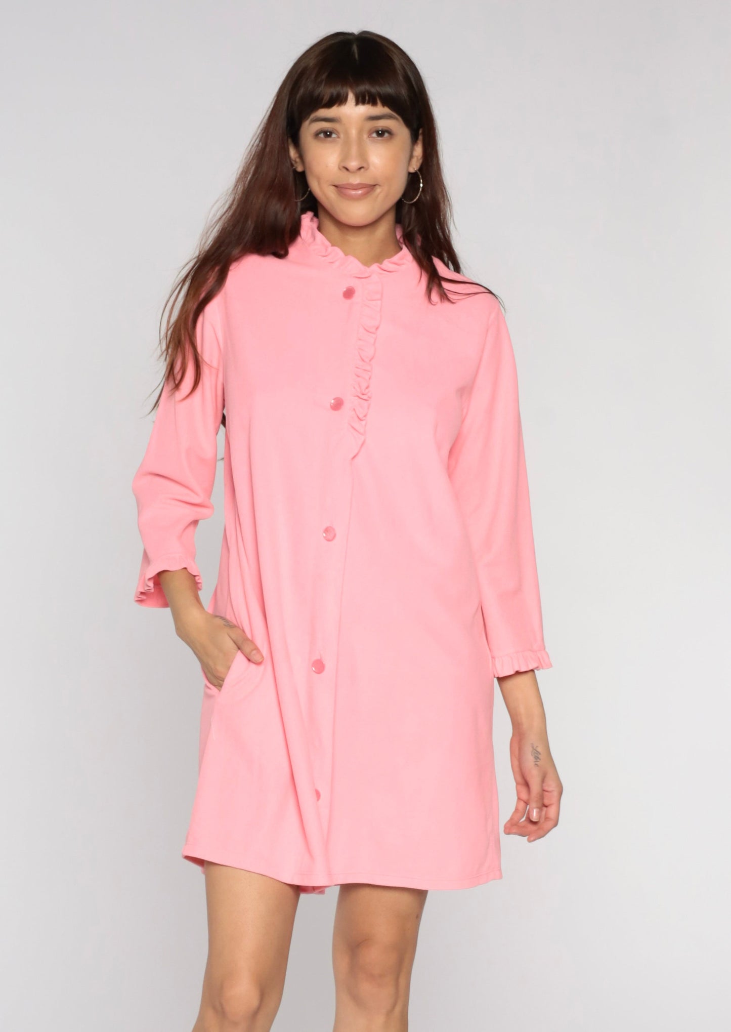 70s Pink Fleece Lounge Dress Mini Button-Up Long Sleeve Medium Large