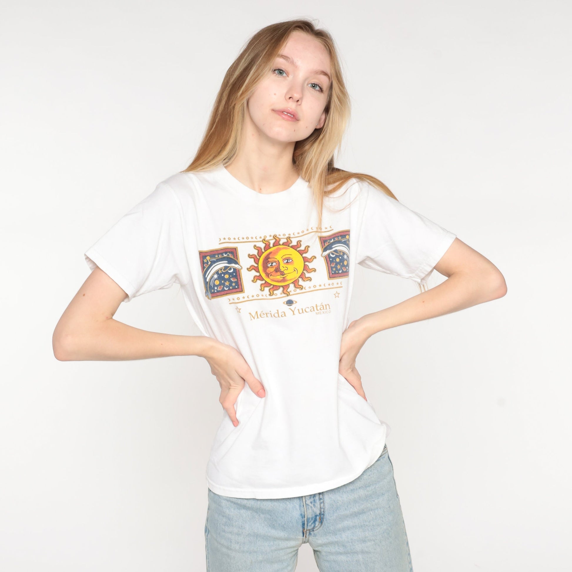 Y2K Merida Yucatan Dolphin Sun Graphic T-Shirt Cotton 00s Small