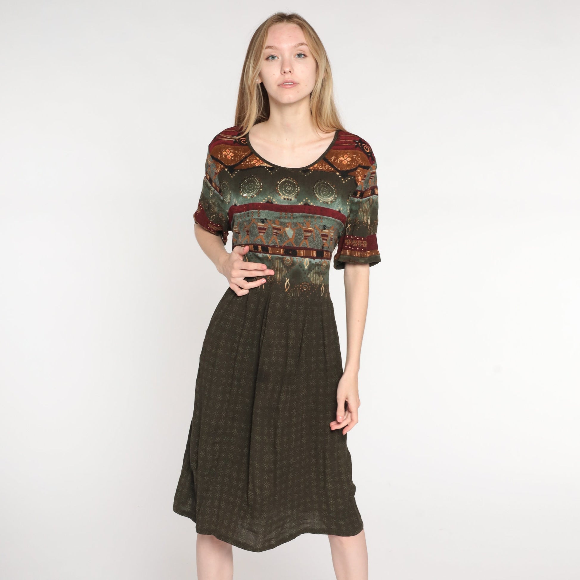 90s Brown Geometric Print Midi Dress High Waist Short Sleeve Plus Size 16W