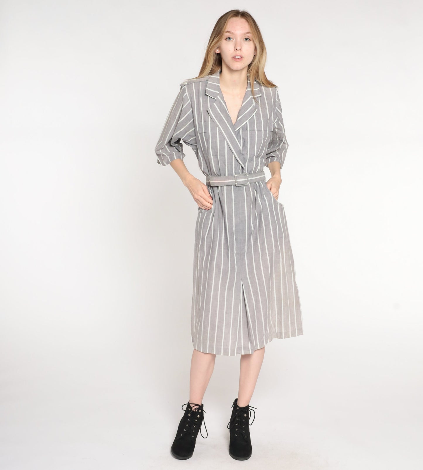 80s Grey & White Striped Midi Wrap Dress V-Neck 3/4 Sleeve Medium