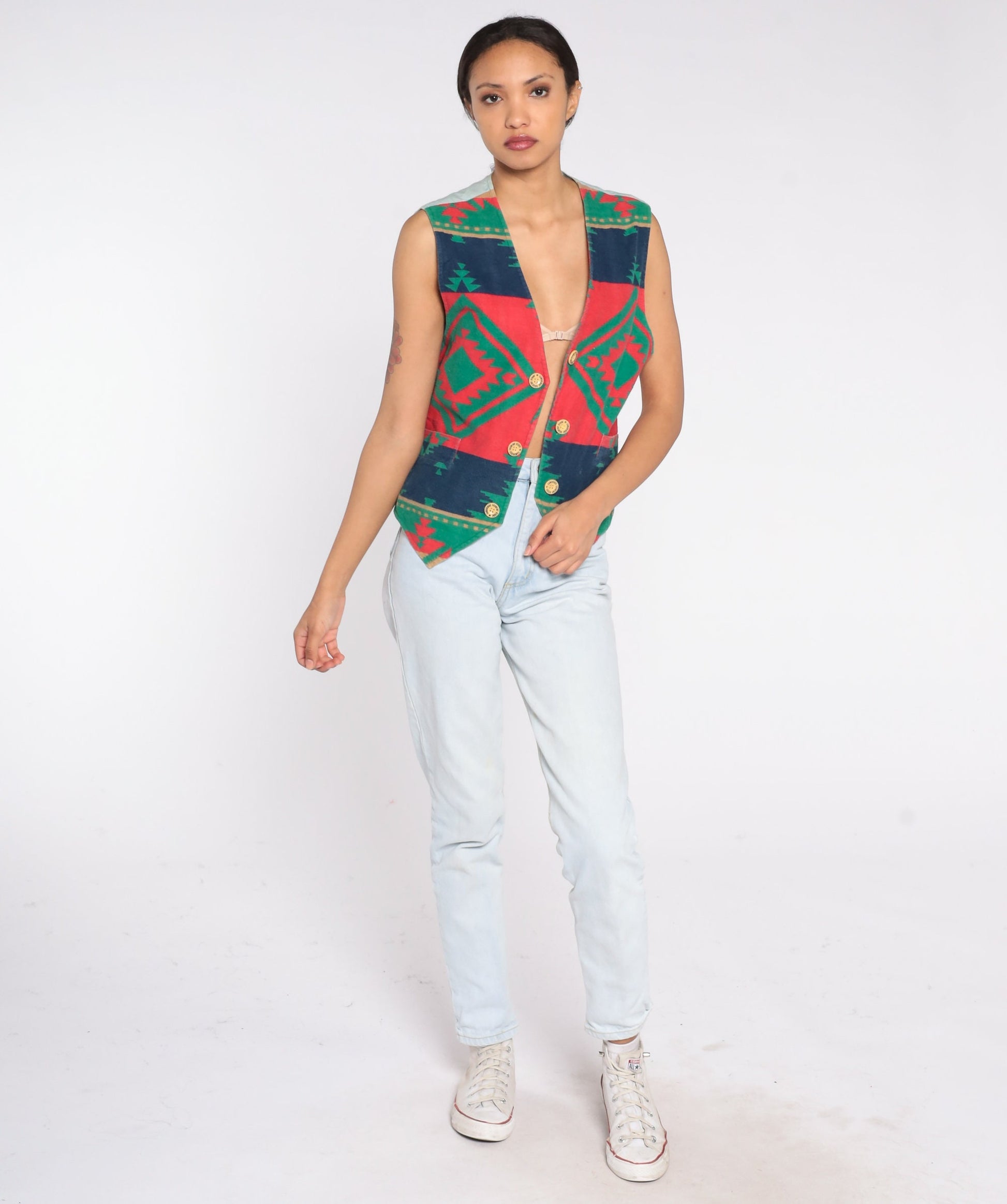 90s Southwestern Vest Cotton Button Up Sleeveless Red Blue Geometric Medium M