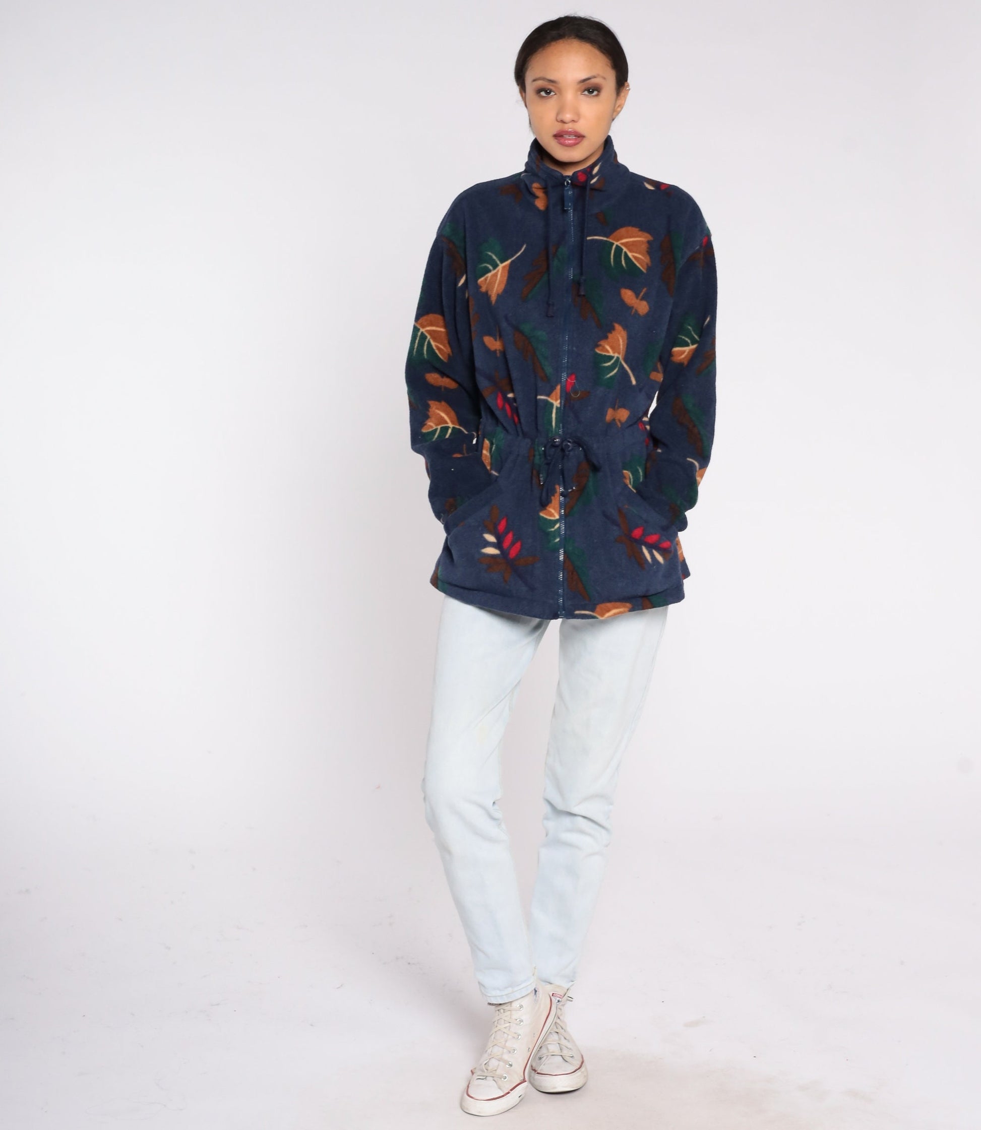 90s Navy Leaf Print Fleece Jacket Zip Up Windbreaker Medium
