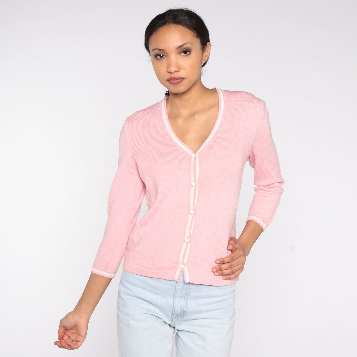 90s St John Sport Wool Cardigan Baby Pink Button Up Sweater Small