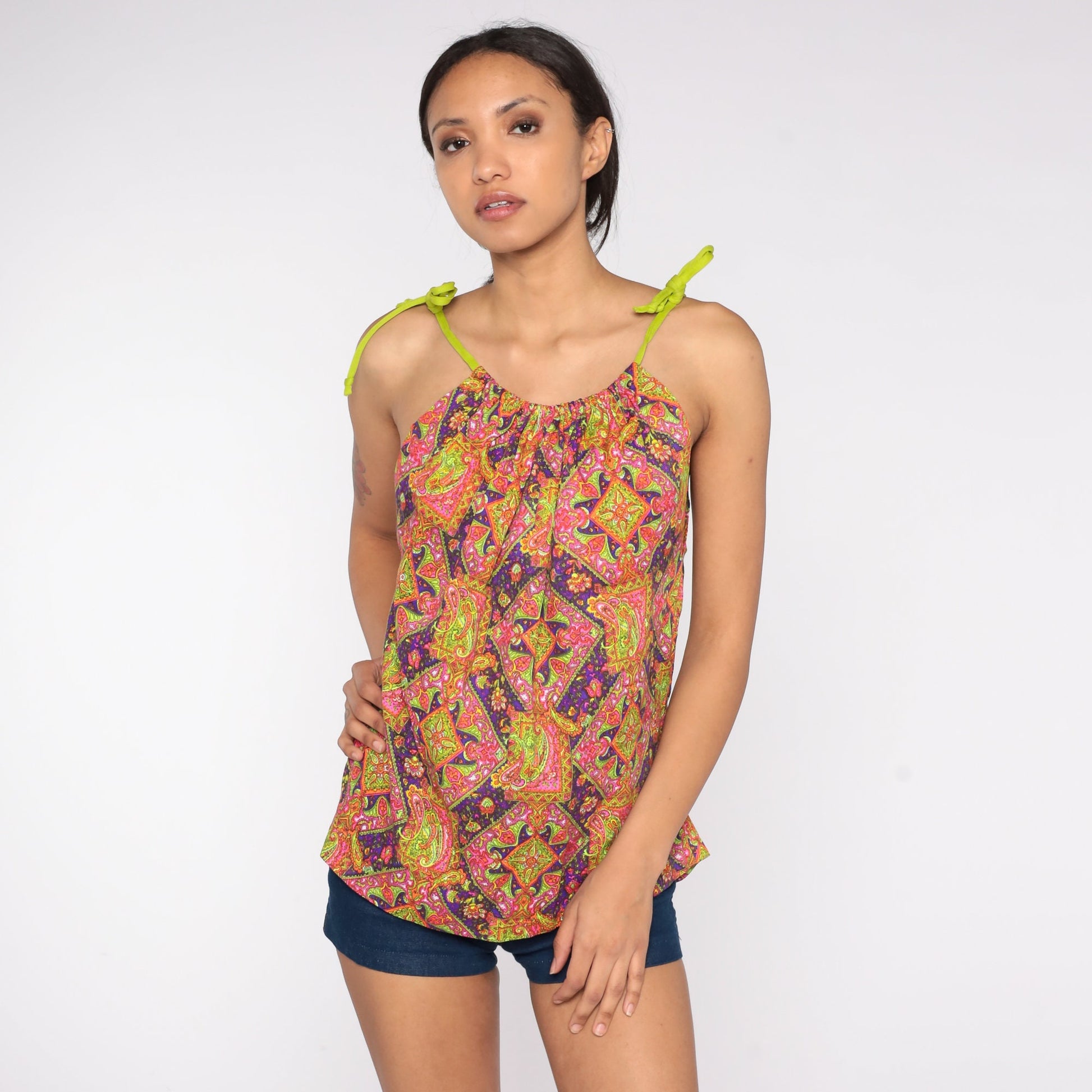 70s Psychedelic Paisley Tank Top Spaghetti Strap Geometric Print Small