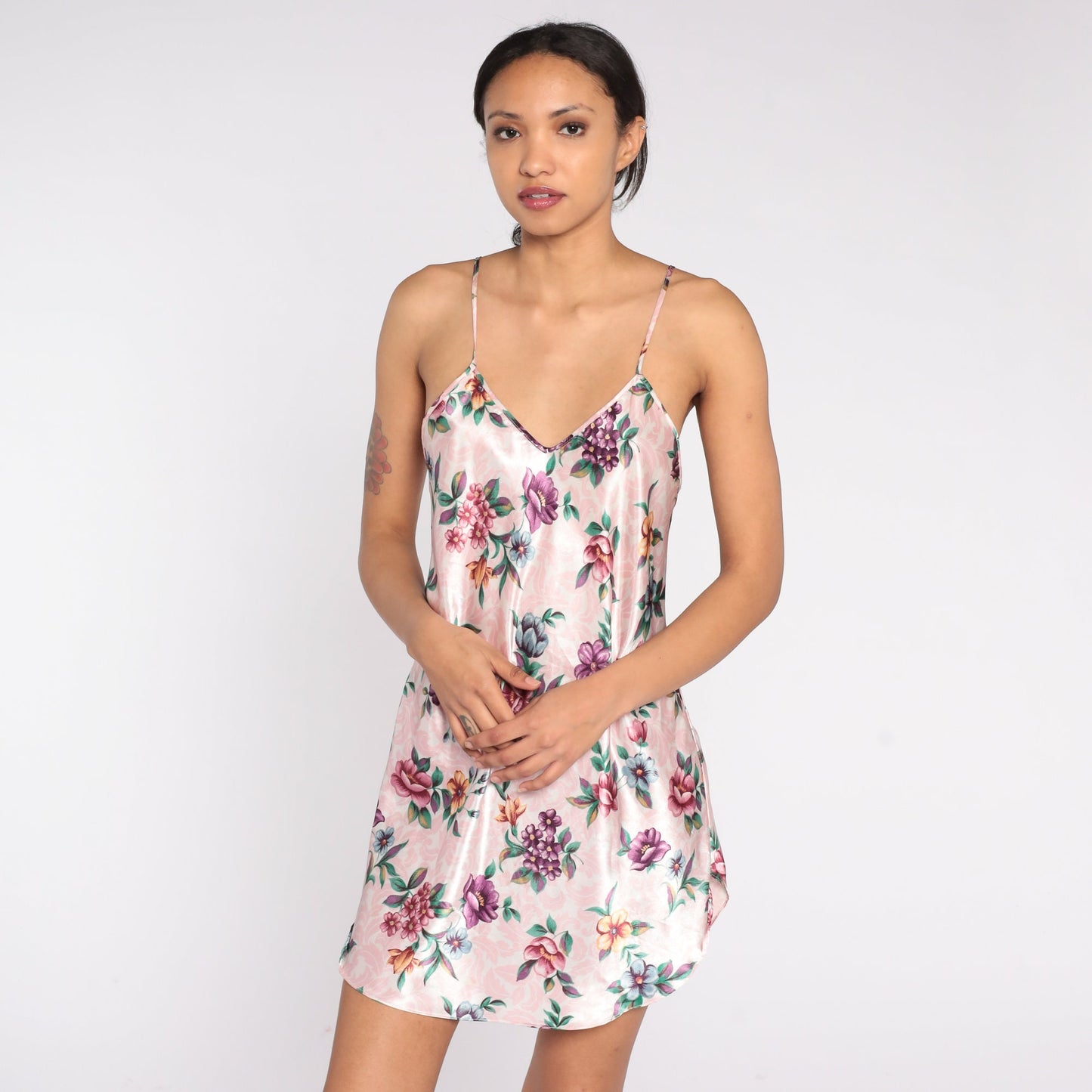 90s Pink Floral Slip Dress Spaghetti Strap Mini Nightgown Medium M