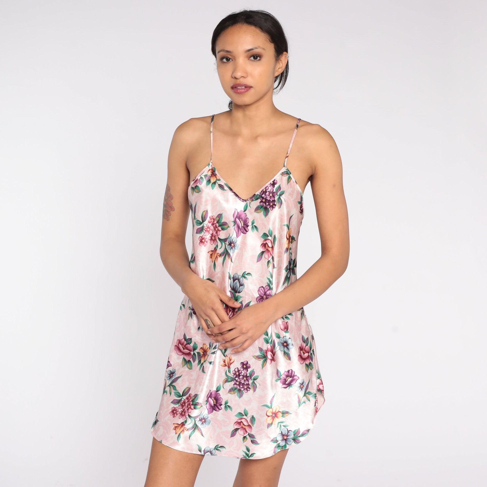 90s Pink Floral Slip Dress Spaghetti Strap Mini Nightgown Medium M