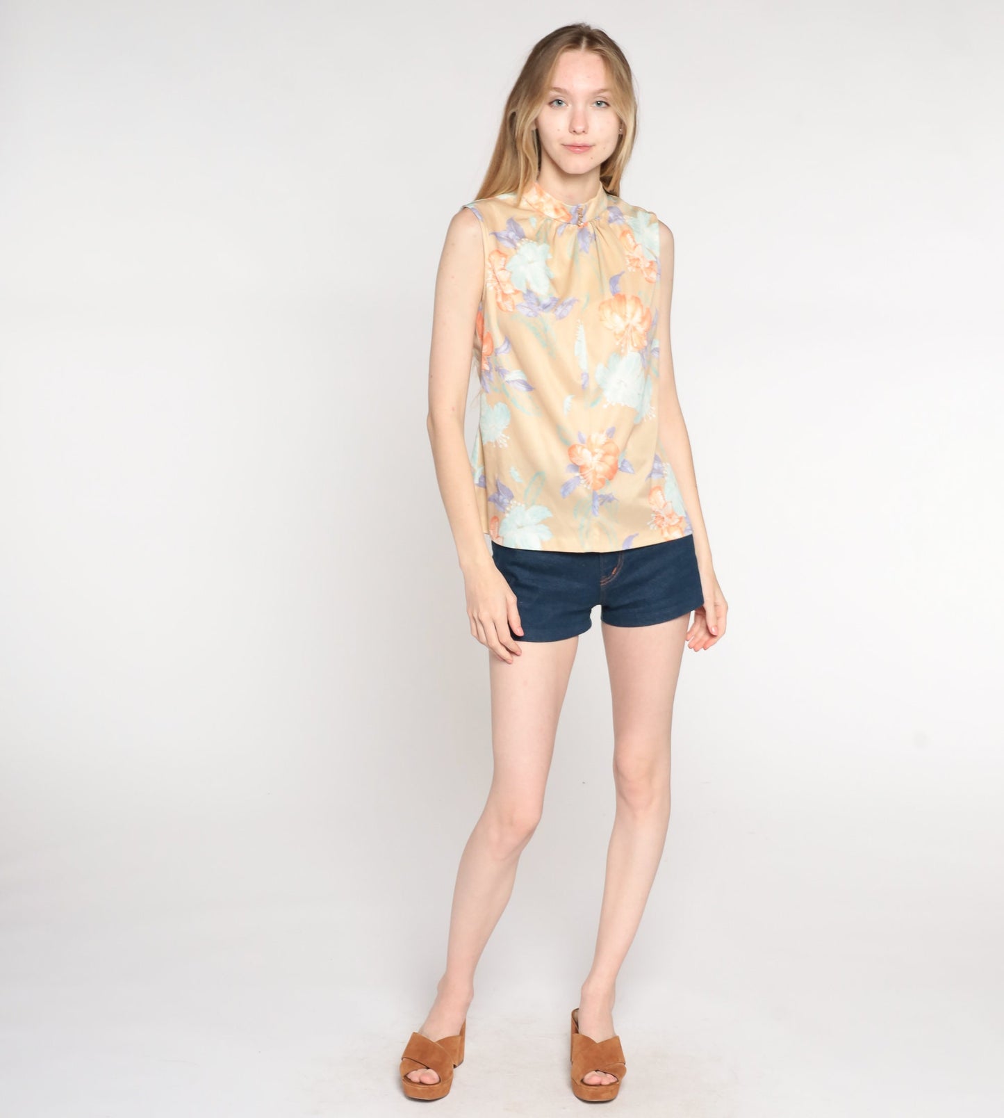 70s Floral Tank Top Beige Psychedelic Print Sleeveless Blouse Medium
