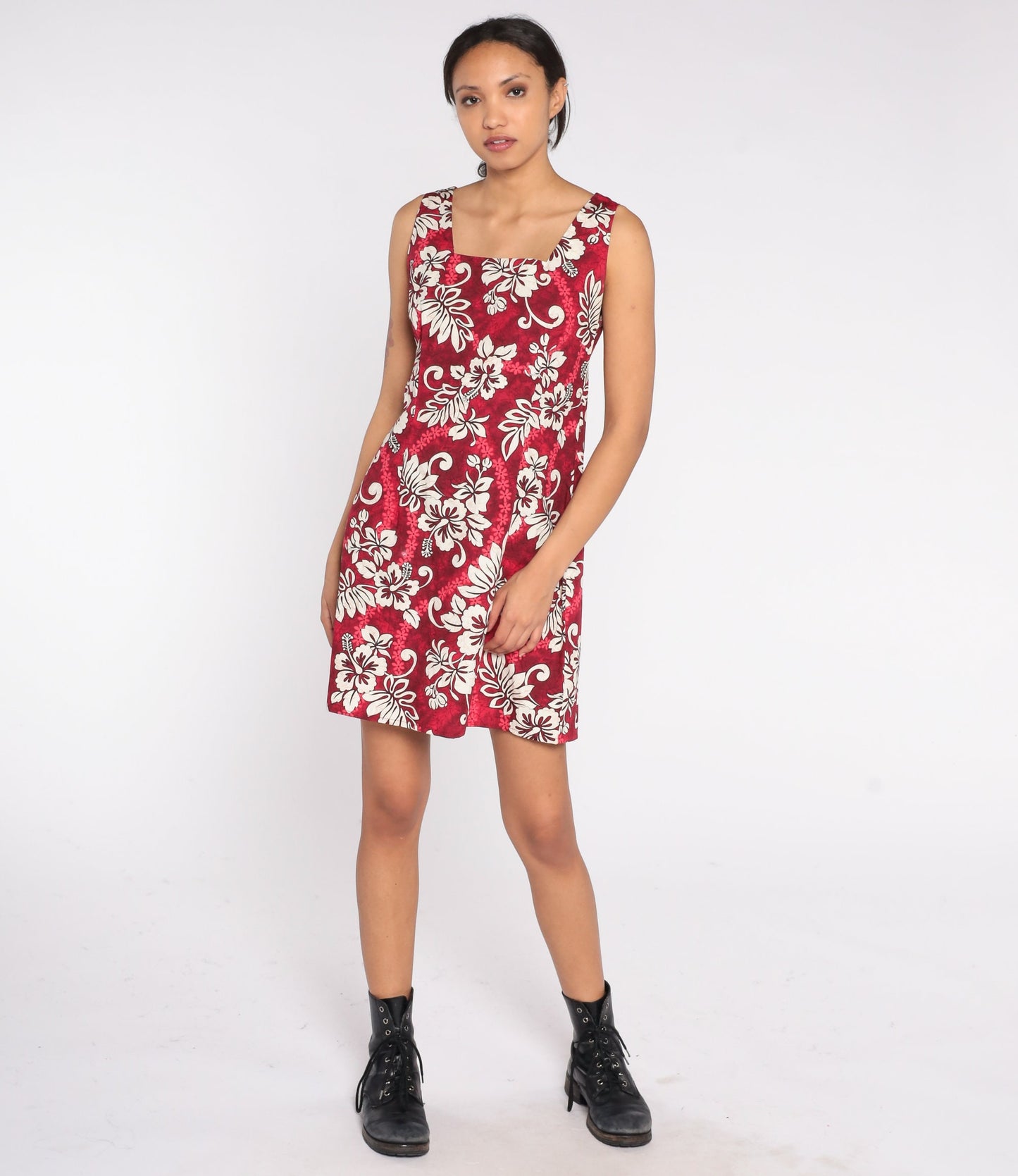 90s Hawaiian Floral Mini Dress Red Tropical Print Sleeveless Small S