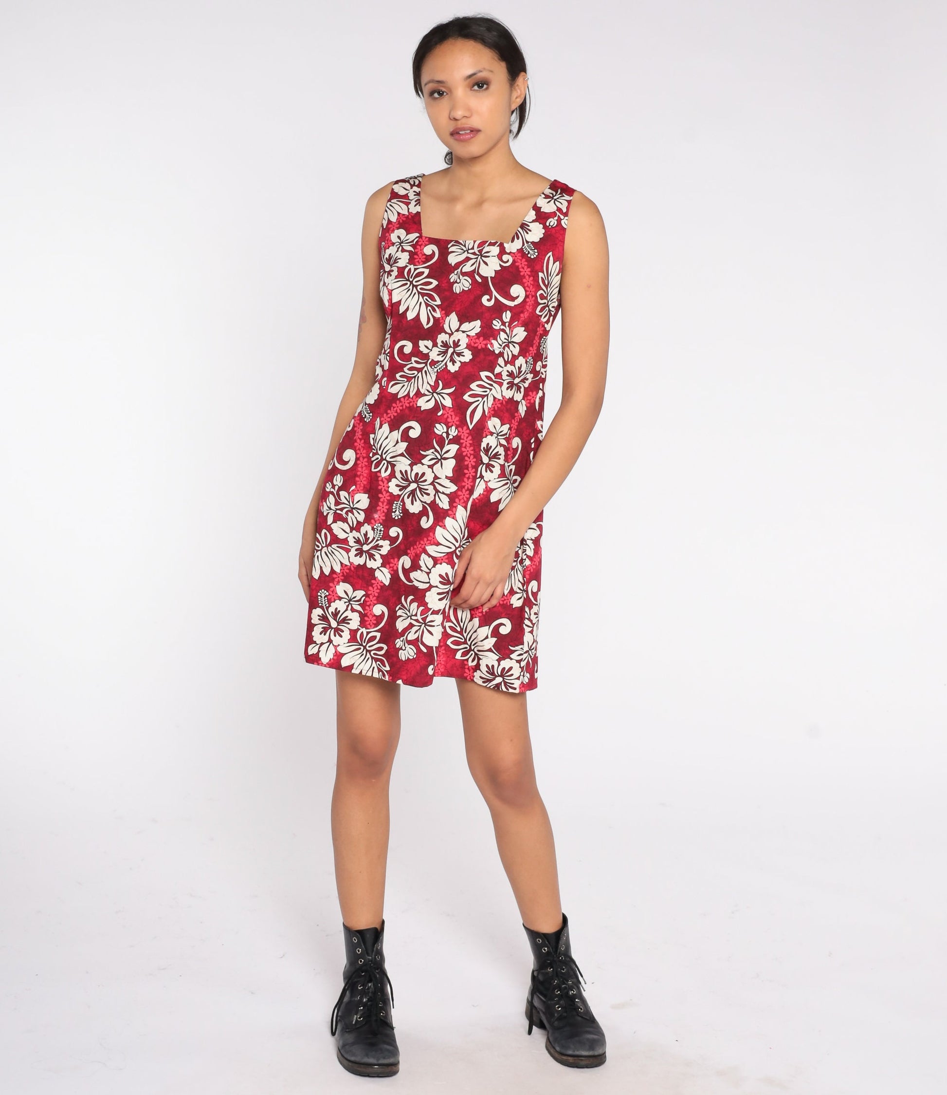 90s Hawaiian Floral Mini Dress Red Tropical Print Sleeveless Small S