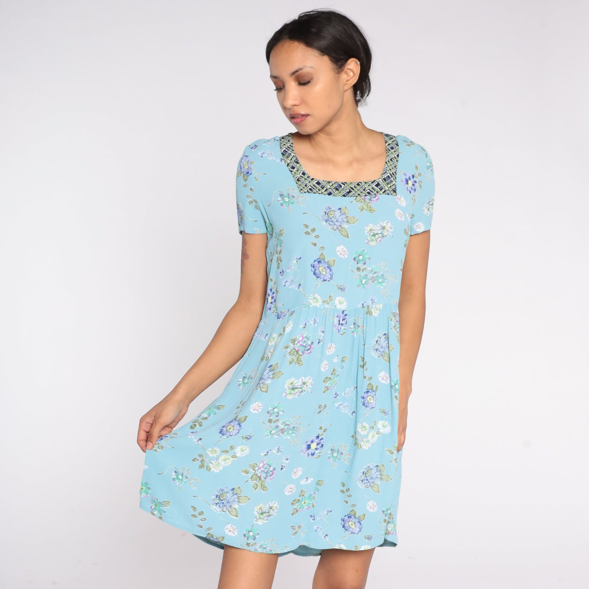 90s Baby Blue Floral Mini Dress Square Neck Short Sleeve Small