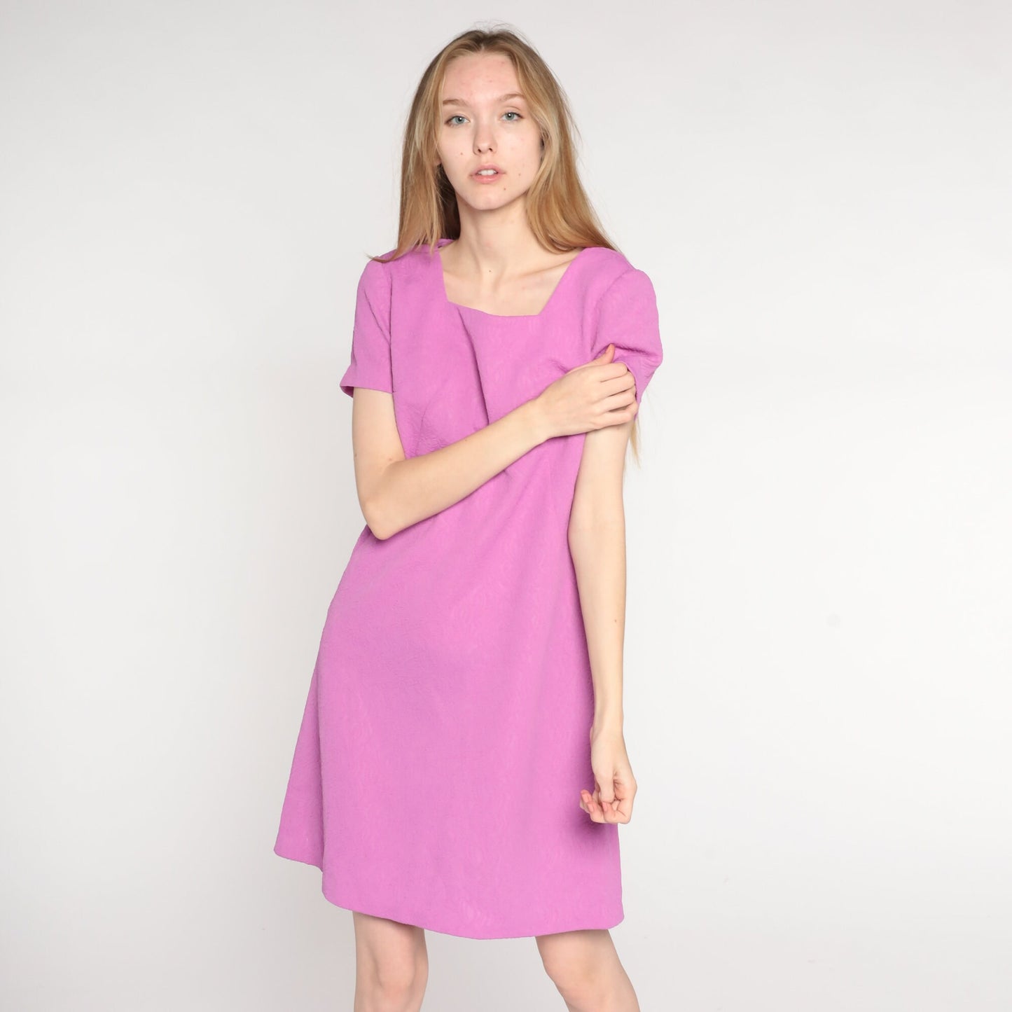 60s Mod Mini Shift Dress Lavender Textured Short Sleeve Medium