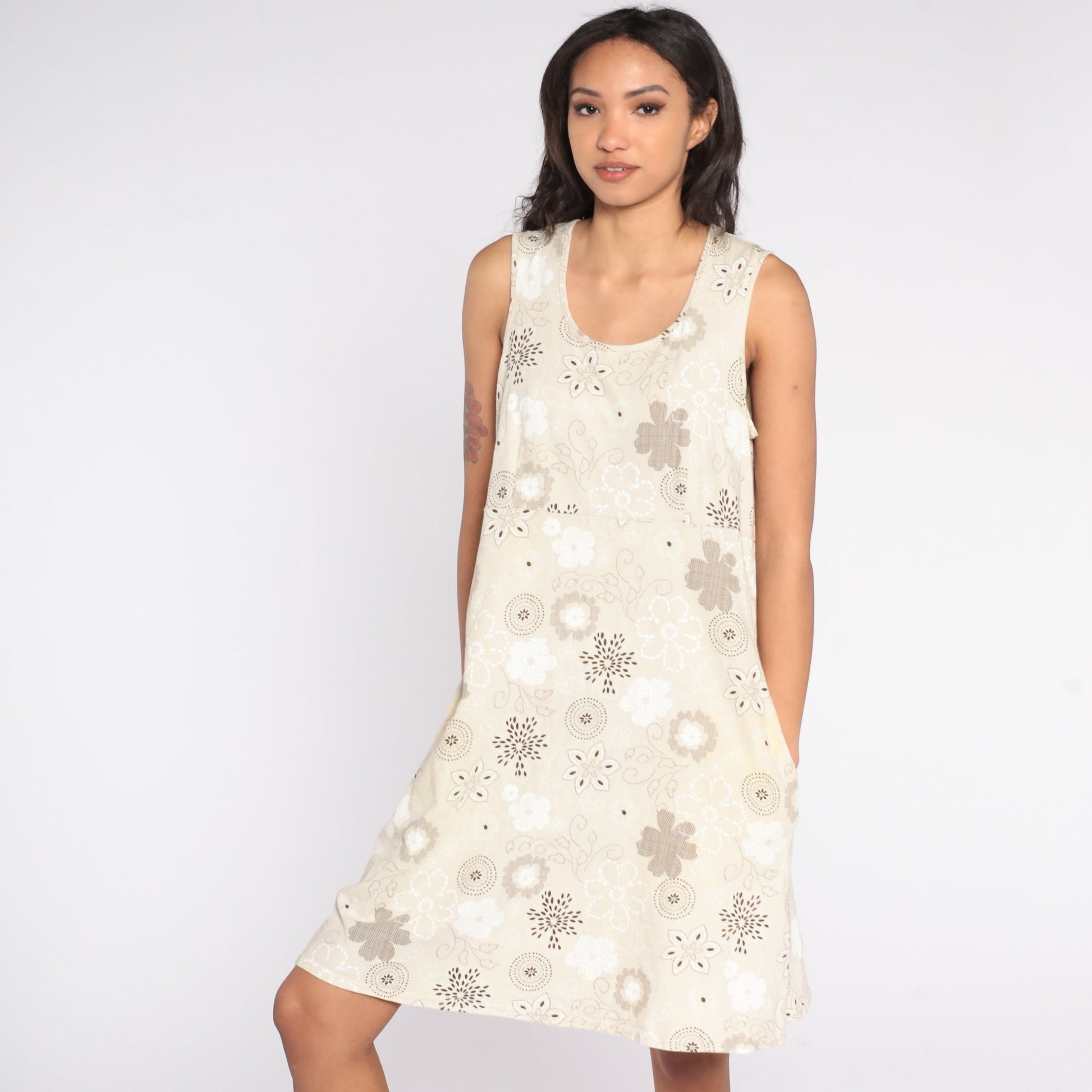 Y2K Floral Mini Dress Beige Empire Waist Sleeveless Large L