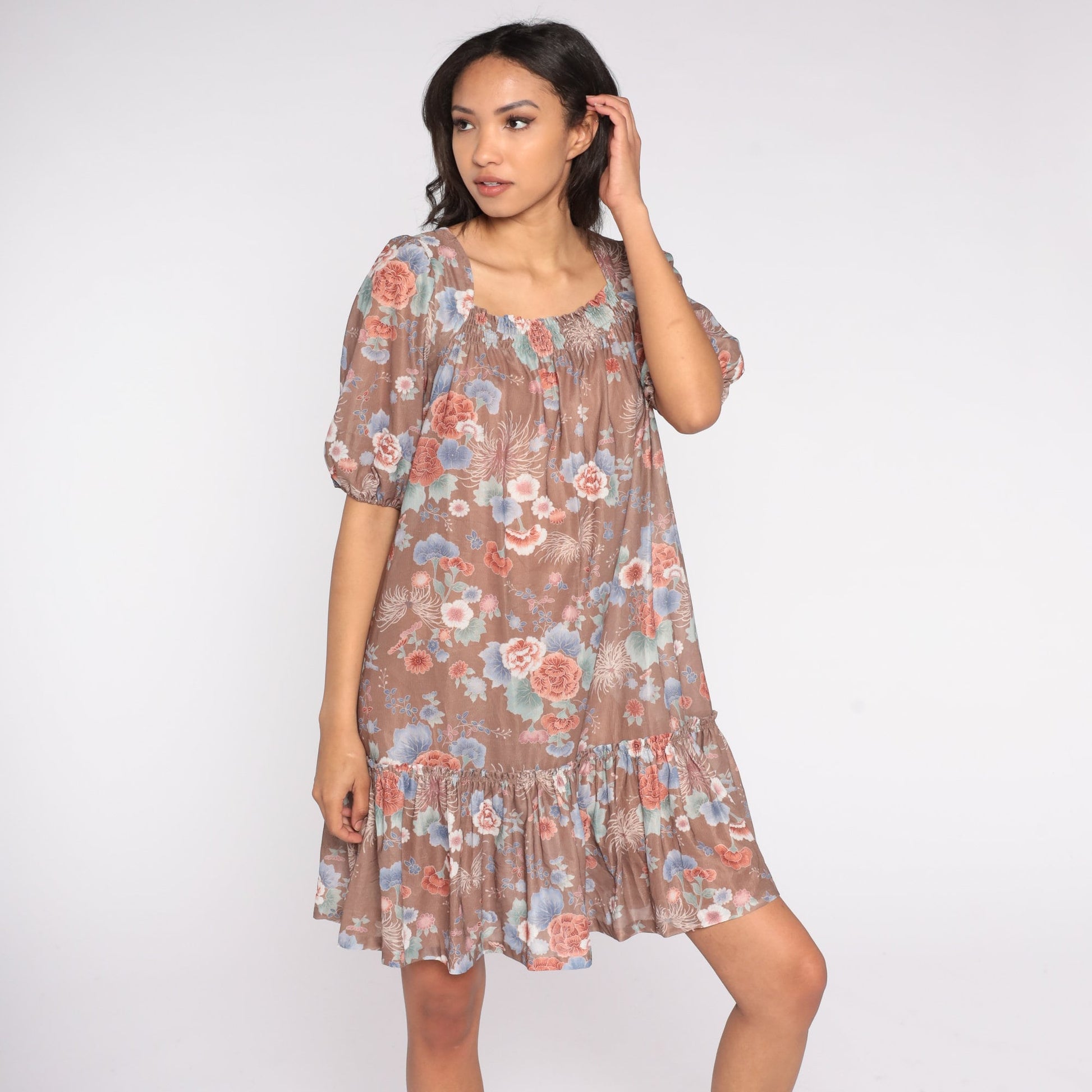 70s Floral Tent Dress Knee Length Ruffle Peasant Sleeve Small Medium