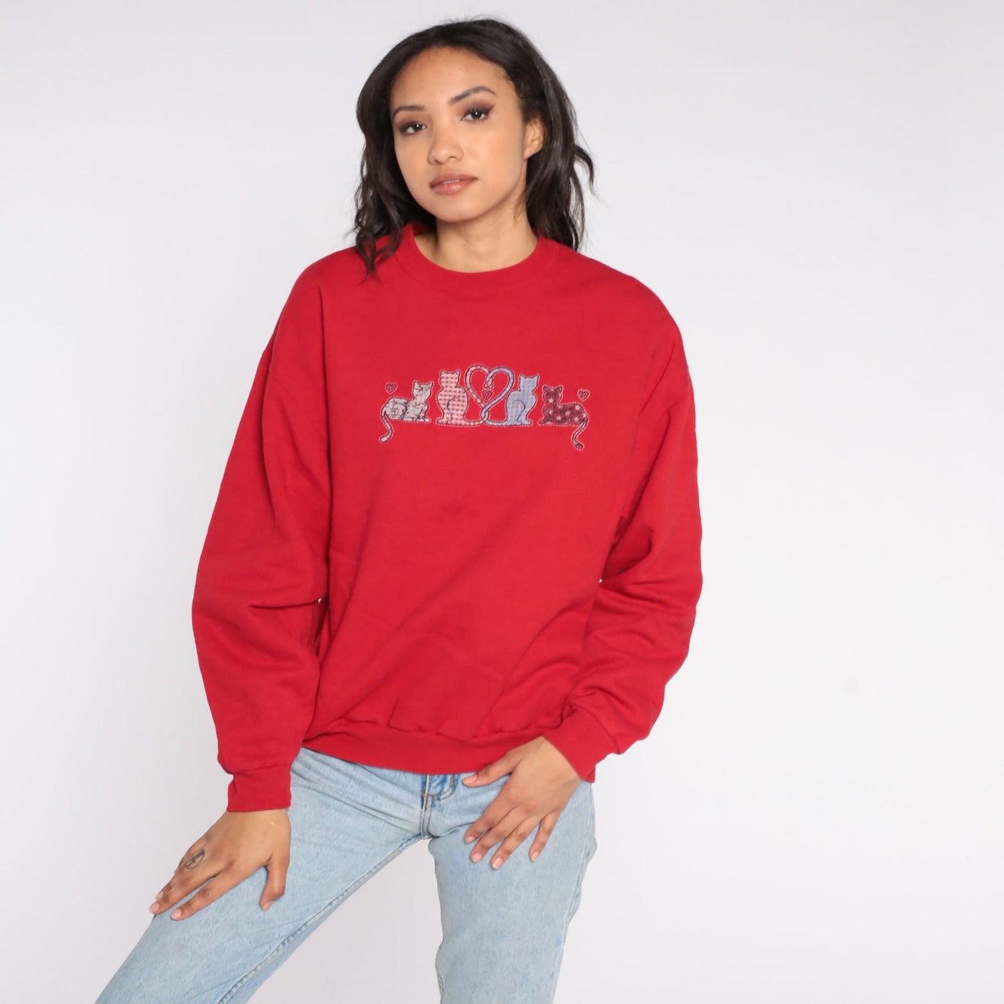 Y2K Cat Graphic Sweatshirt Red Crewneck Pullover Large L