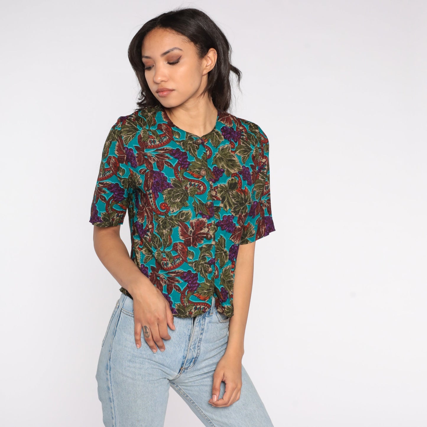 90s Paisley Grape Vine Button-Up Blouse Short Sleeve Purple Small