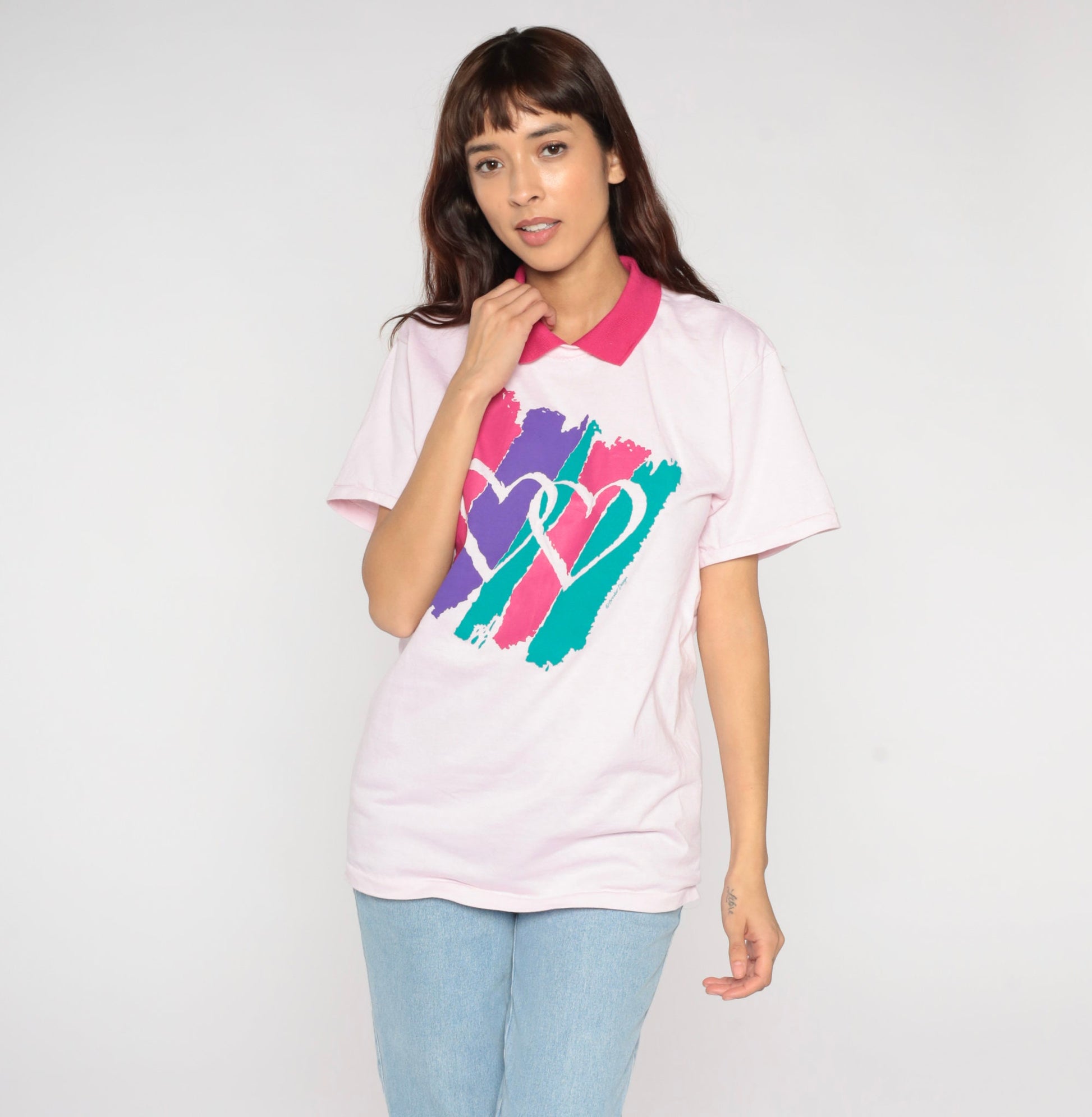 90s Heart Print Collared T-Shirt Baby Pink Graphic Tee Medium