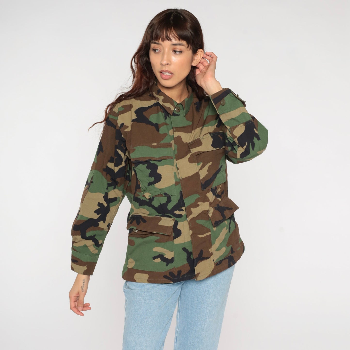 90s US Army Camouflage Button-Up Shirt Green Cargo Pockets Small
