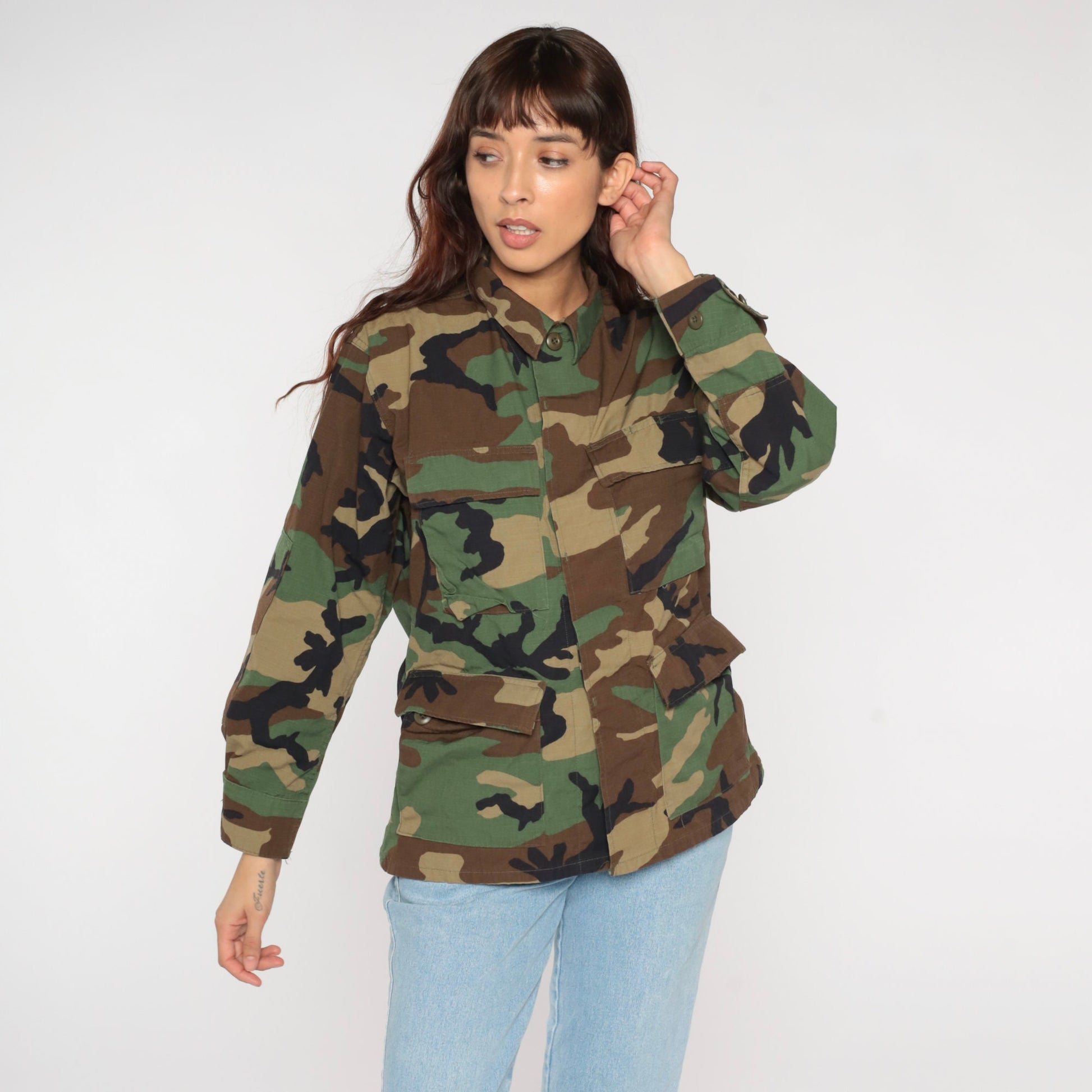 90s US Army Camouflage Button-Up Shirt Green Cargo Pockets Small
