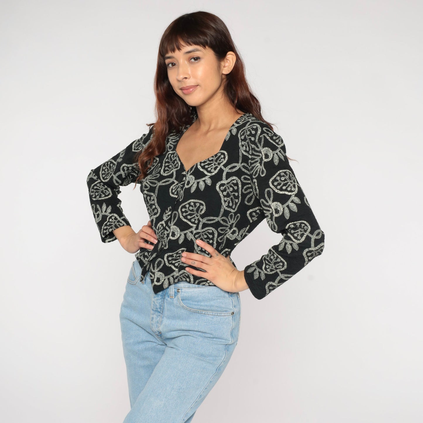 90s Black Leaf Print Button-Up Blouse Long Sleeve Abstract Shirt Medium
