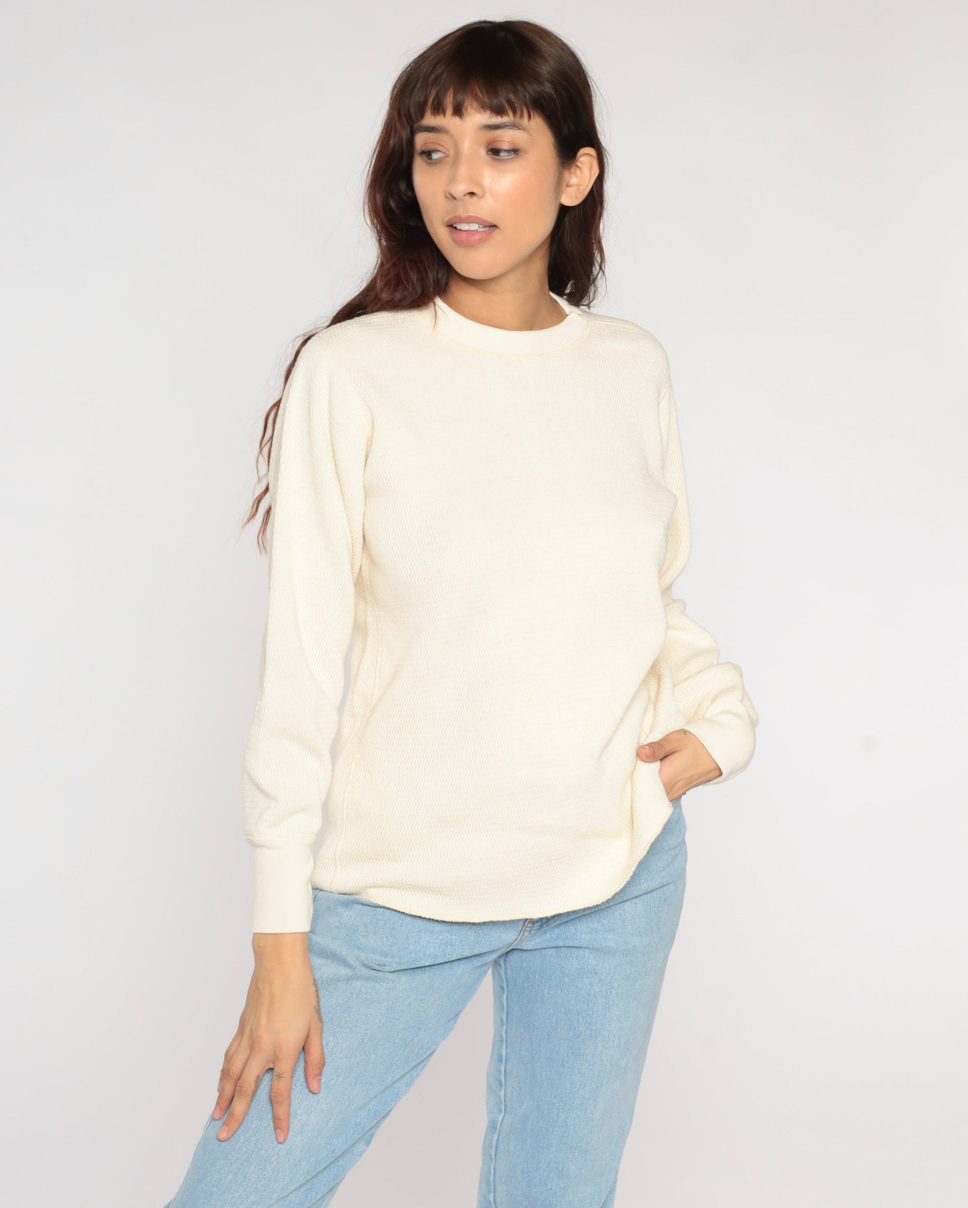 80s Off-White Thermal Waffle Knit Long Sleeve Shirt Cotton Large