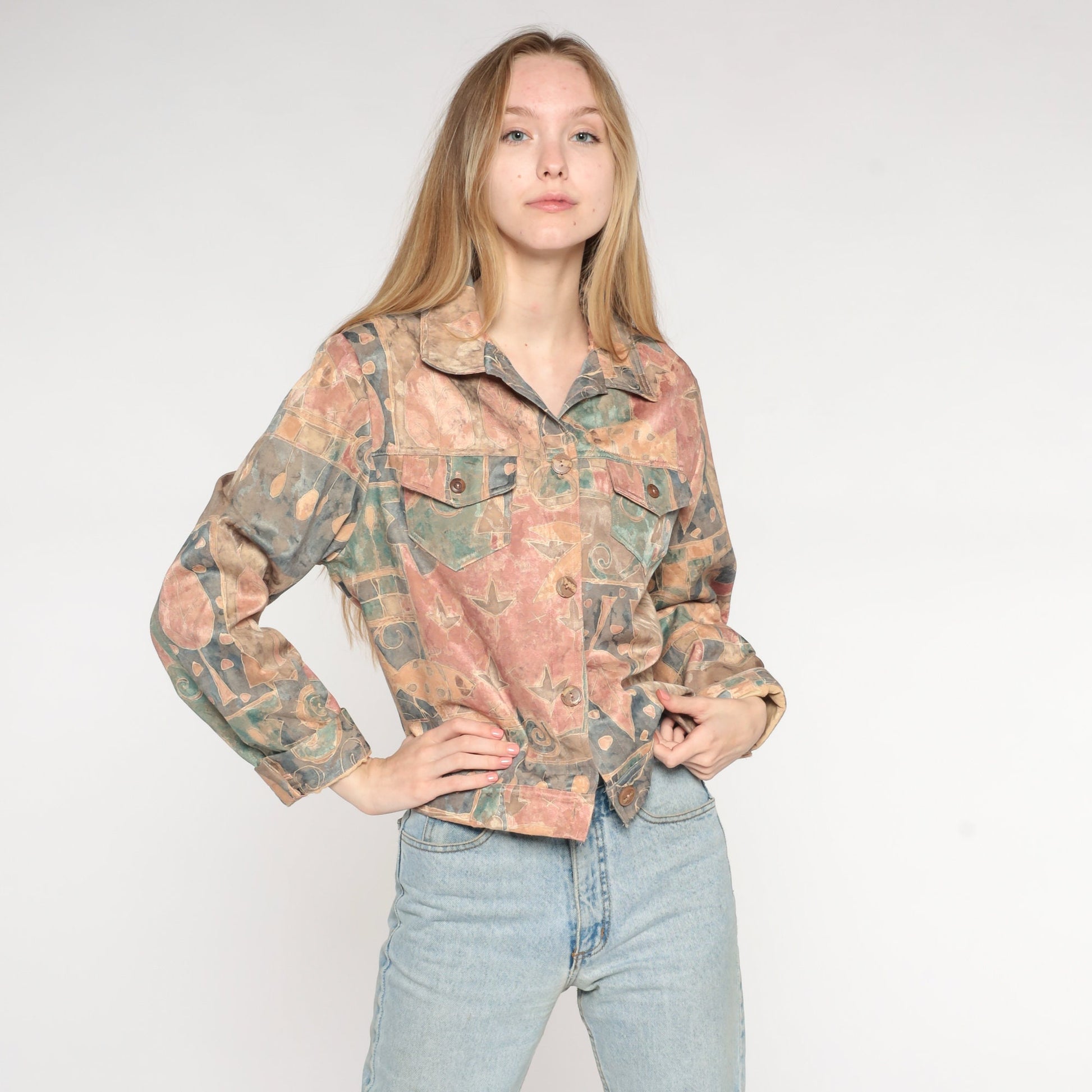 90s Abstract Fish & Tree Jacket Cropped Button Up Geometric Print Large L