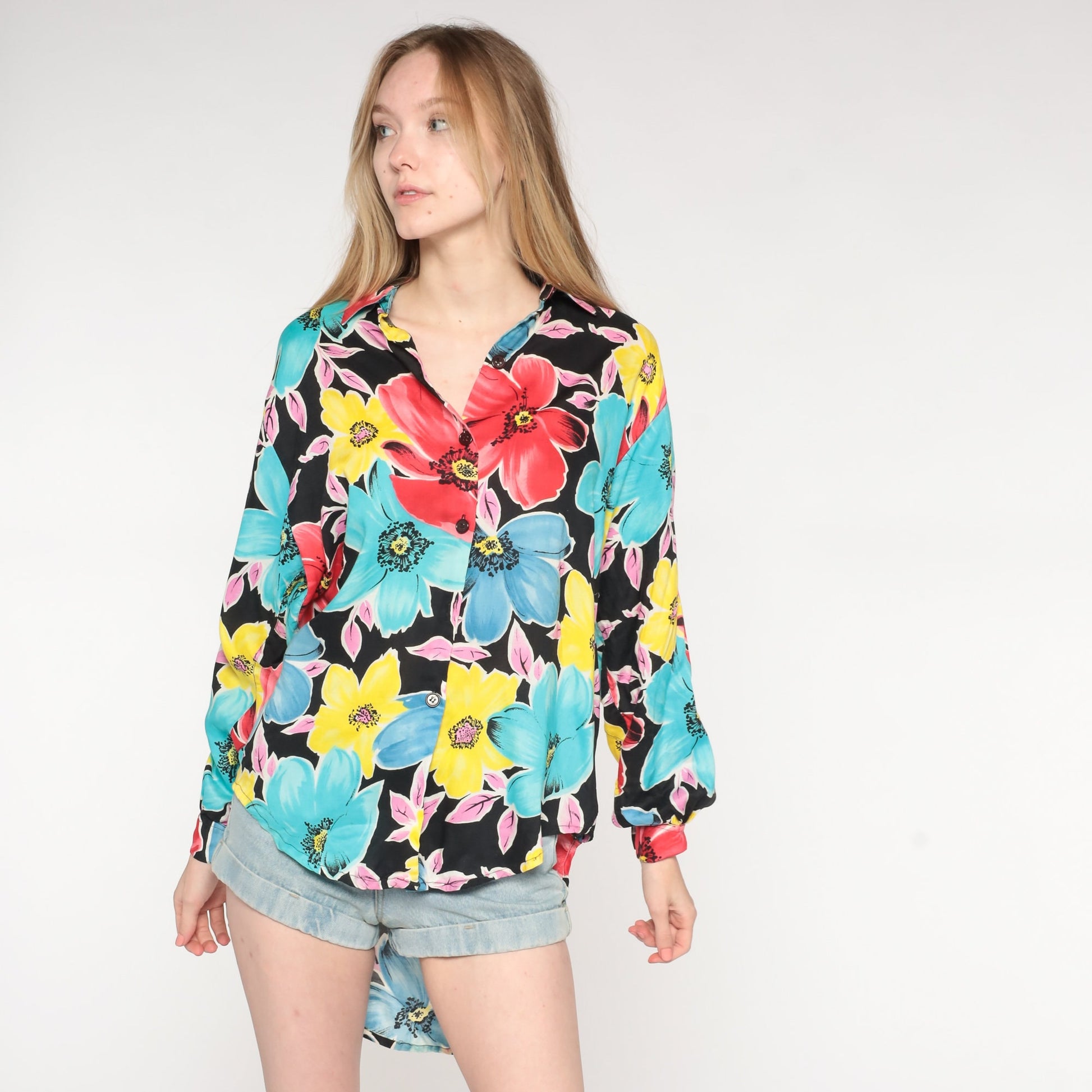 90s Diane von Furstenberg Floral Button Up Blouse Long Sleeve Small S